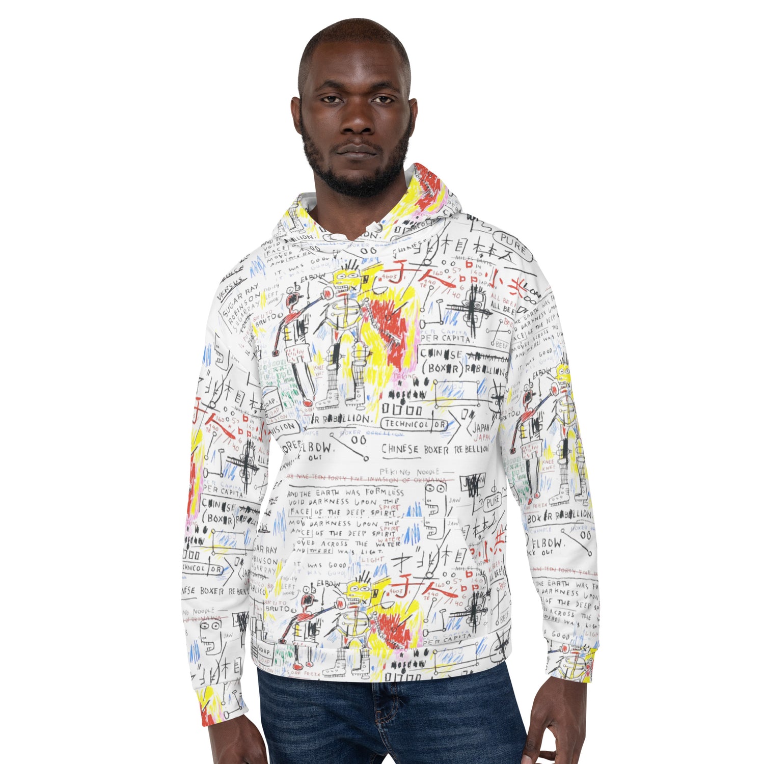 Jean-Michel Basquiat "Boxer Rebellion" Artwork All Over Printed White Sweatshirt Hoodie Scattered Streetwear
