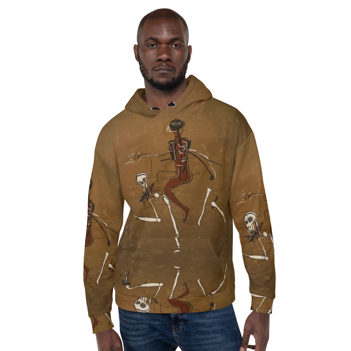 Jean-Michel Basquiat "Riding With Death" Artwork All Over Printed Brown Sweatshirt Hoodie Scattered Streetwear