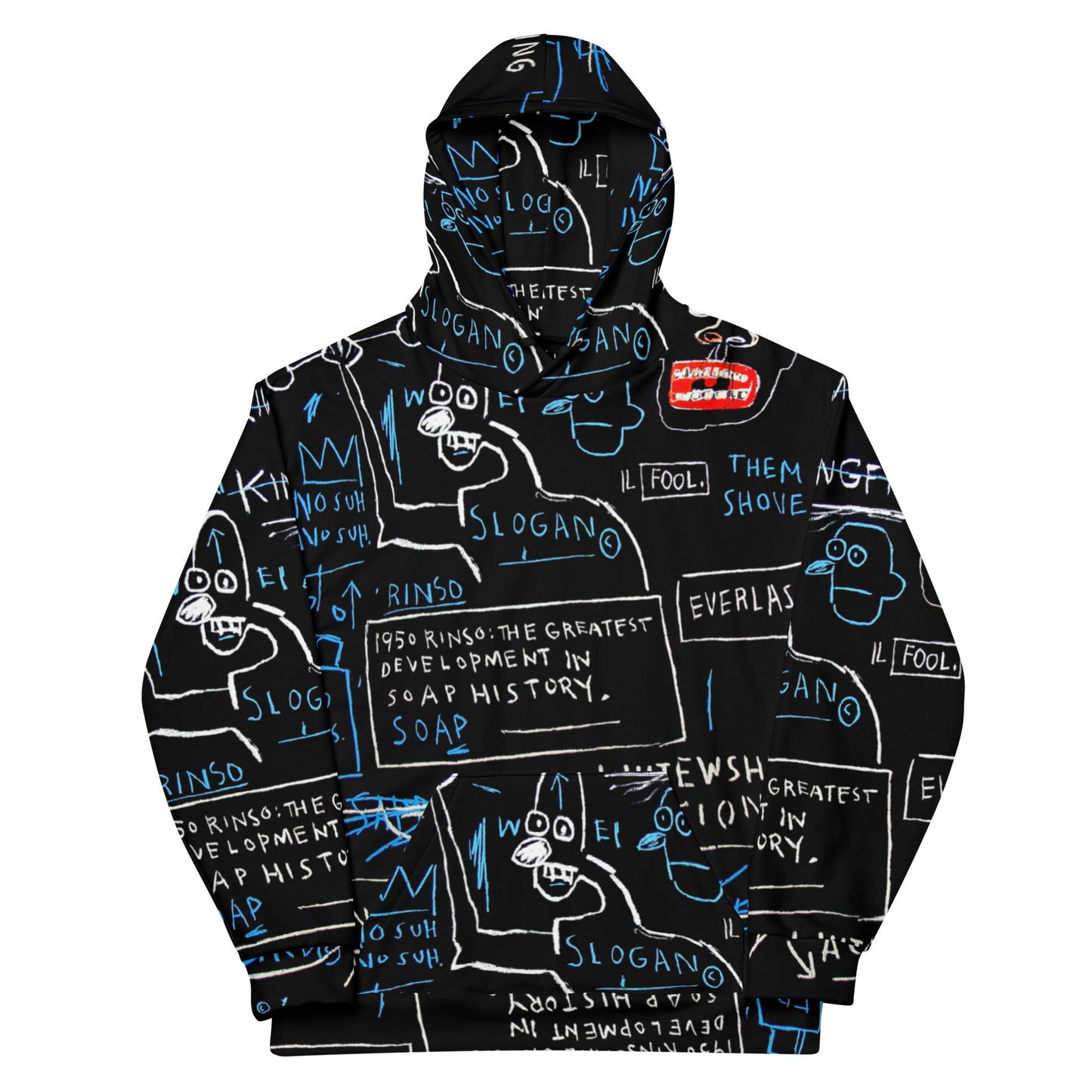 Jean-Michel Basquiat "Rinso" Artwork All Over Printed Black and Blue Sweatshirt Hoodie Scattered Streetwear