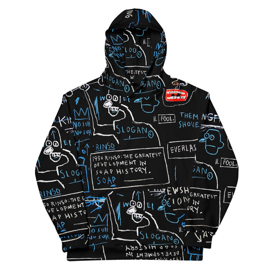 Jean-Michel Basquiat "Rinso" Artwork All Over Printed Black and Blue Sweatshirt Hoodie Scattered Streetwear