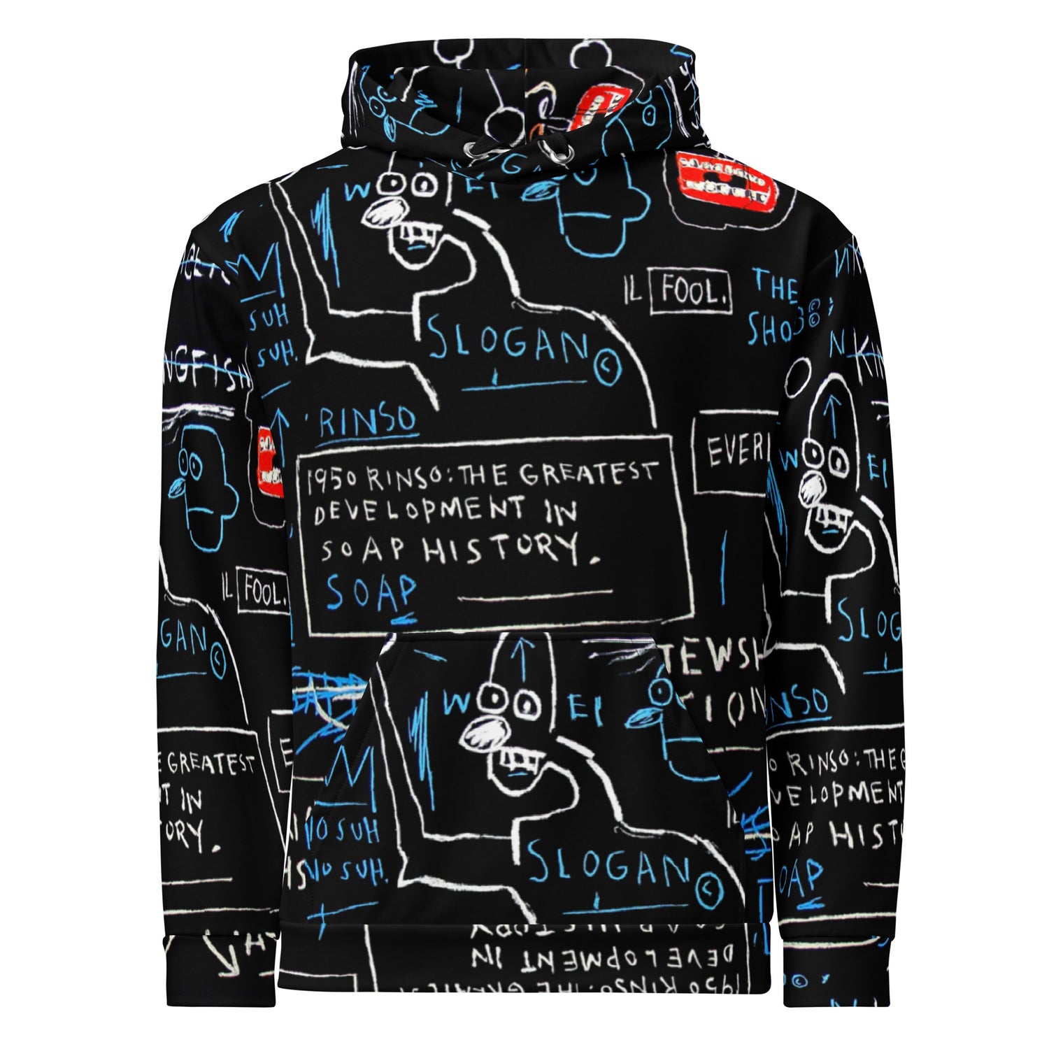 Jean-Michel Basquiat "Rinso" Artwork All Over Printed Black and Blue Sweatshirt Hoodie Scattered Streetwear