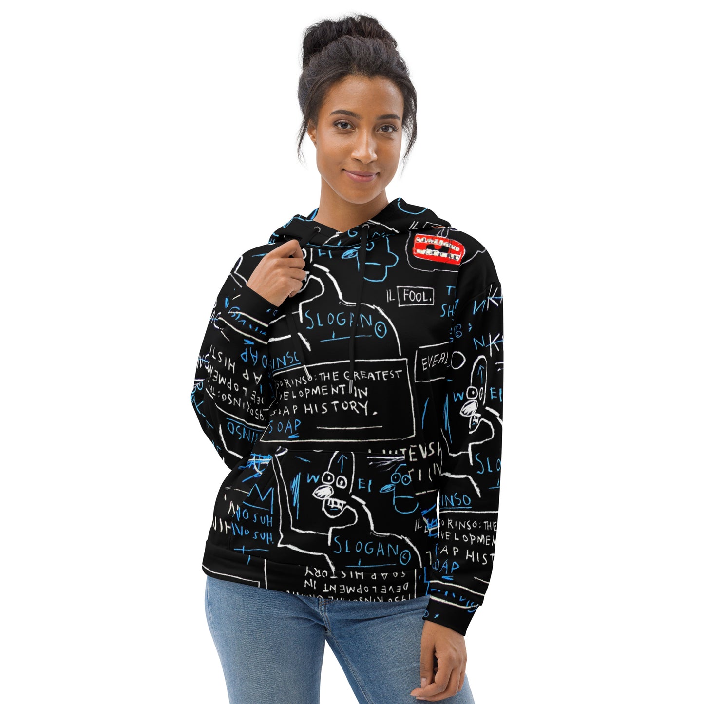Jean-Michel Basquiat "Rinso" Artwork All Over Printed Black and Blue Sweatshirt Hoodie Scattered Streetwear
