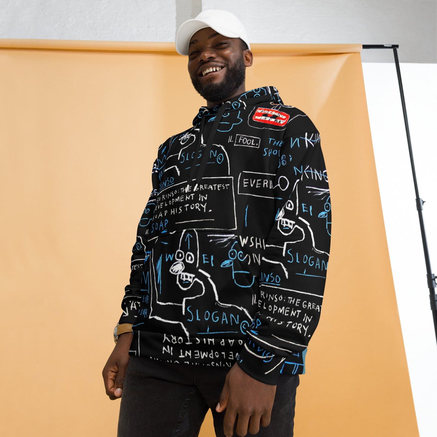 Jean-Michel Basquiat "Rinso" Artwork All Over Printed Black and Blue Sweatshirt Hoodie Scattered Streetwear