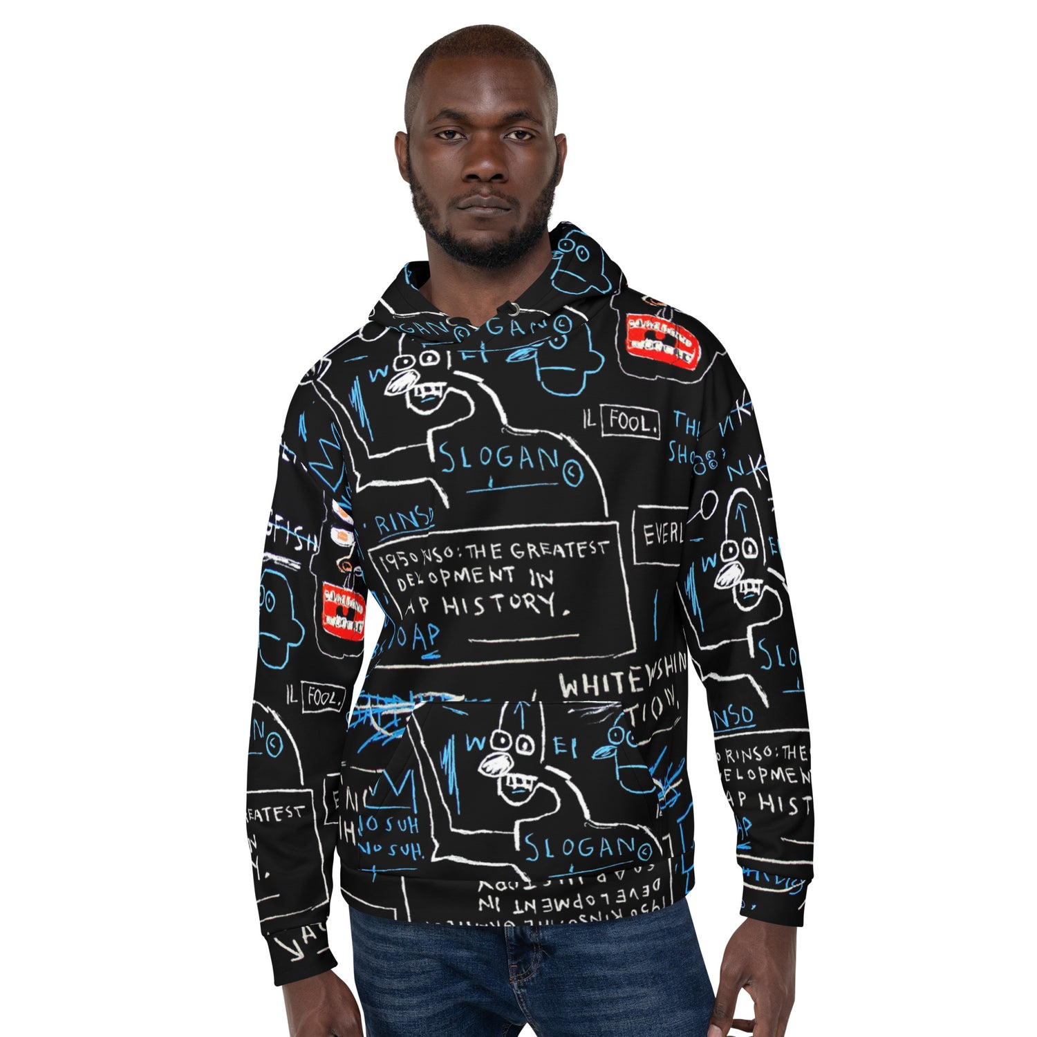 Jean-Michel Basquiat "Rinso" Artwork All Over Printed Black and Blue Sweatshirt Hoodie Scattered Streetwear