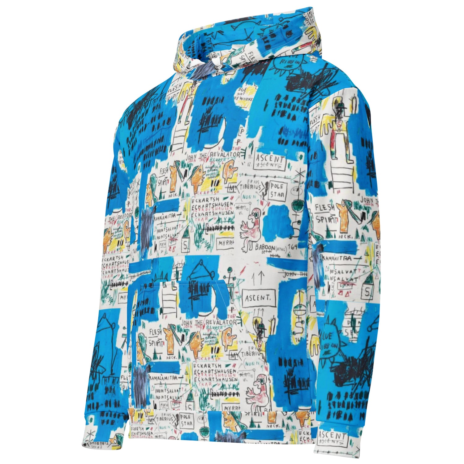 Jean-Michel Basquiat "Ascent" Artwork All Over Printed White and Blue Sweatshirt Hoodie Scattered Streetwear
