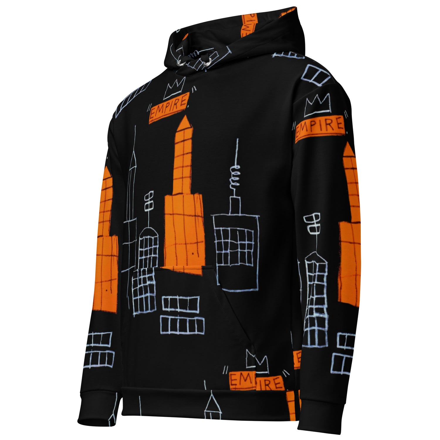 Jean-Michel Basquiat "Mecca" Artwork All Over Printed Black and Orange Sweatshirt Hoodie Scattered Streetwear