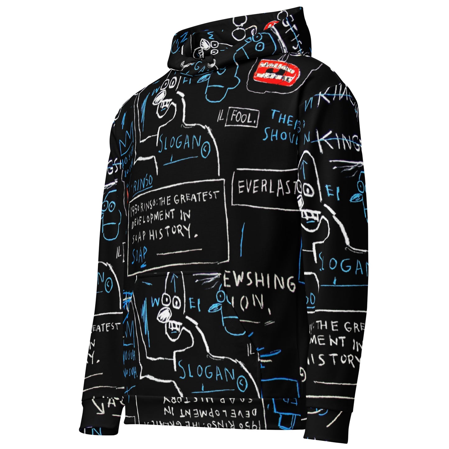 Jean-Michel Basquiat "Rinso" Artwork All Over Printed Black and Blue Sweatshirt Hoodie Scattered Streetwear