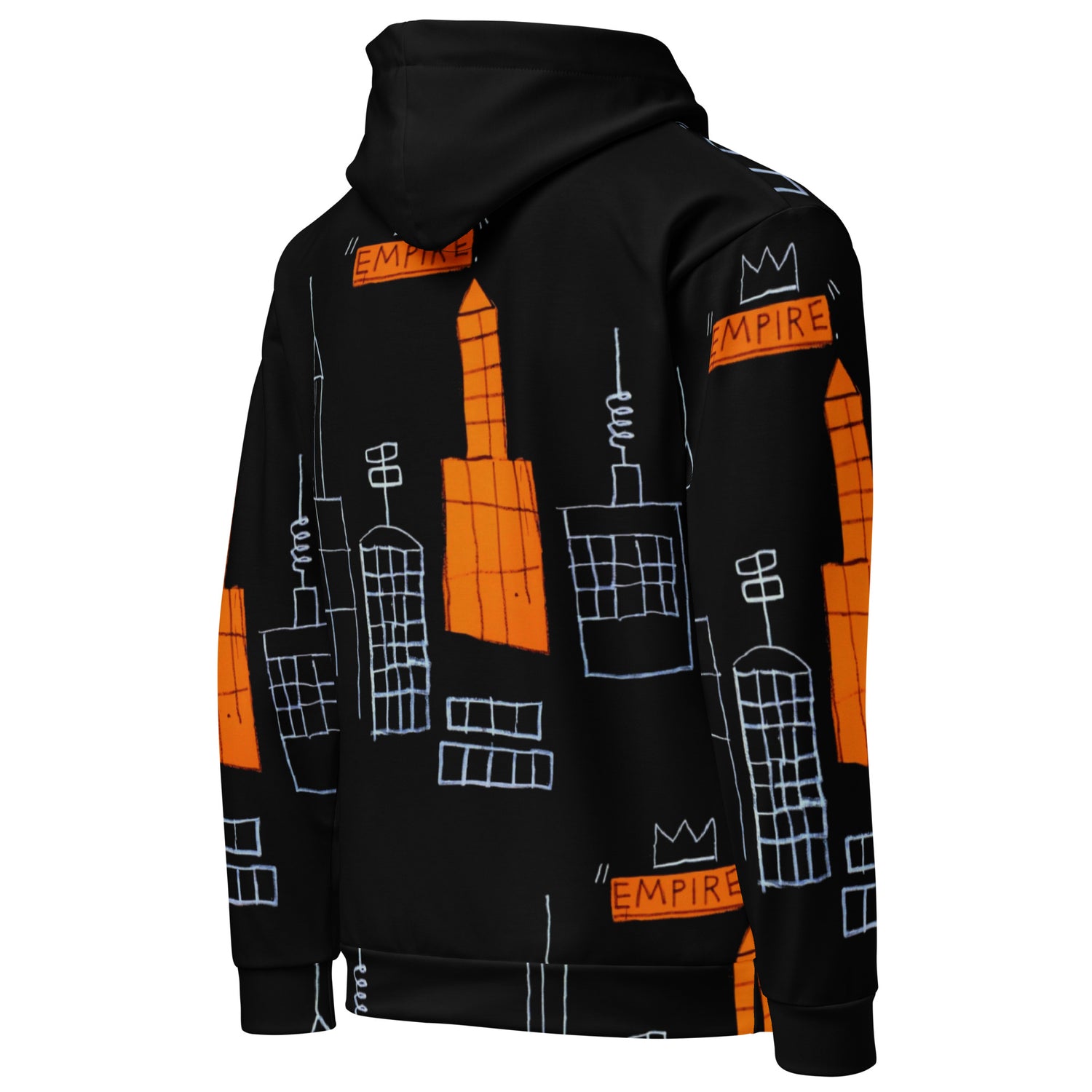Jean-Michel Basquiat "Mecca" Artwork All Over Printed Black and Orange Sweatshirt Hoodie Scattered Streetwear