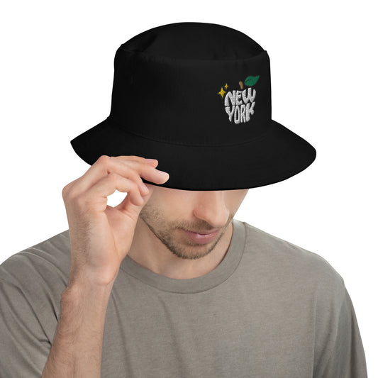 New York Apple Logo Embroidered Black Bucket Hat Scattered Streetwear