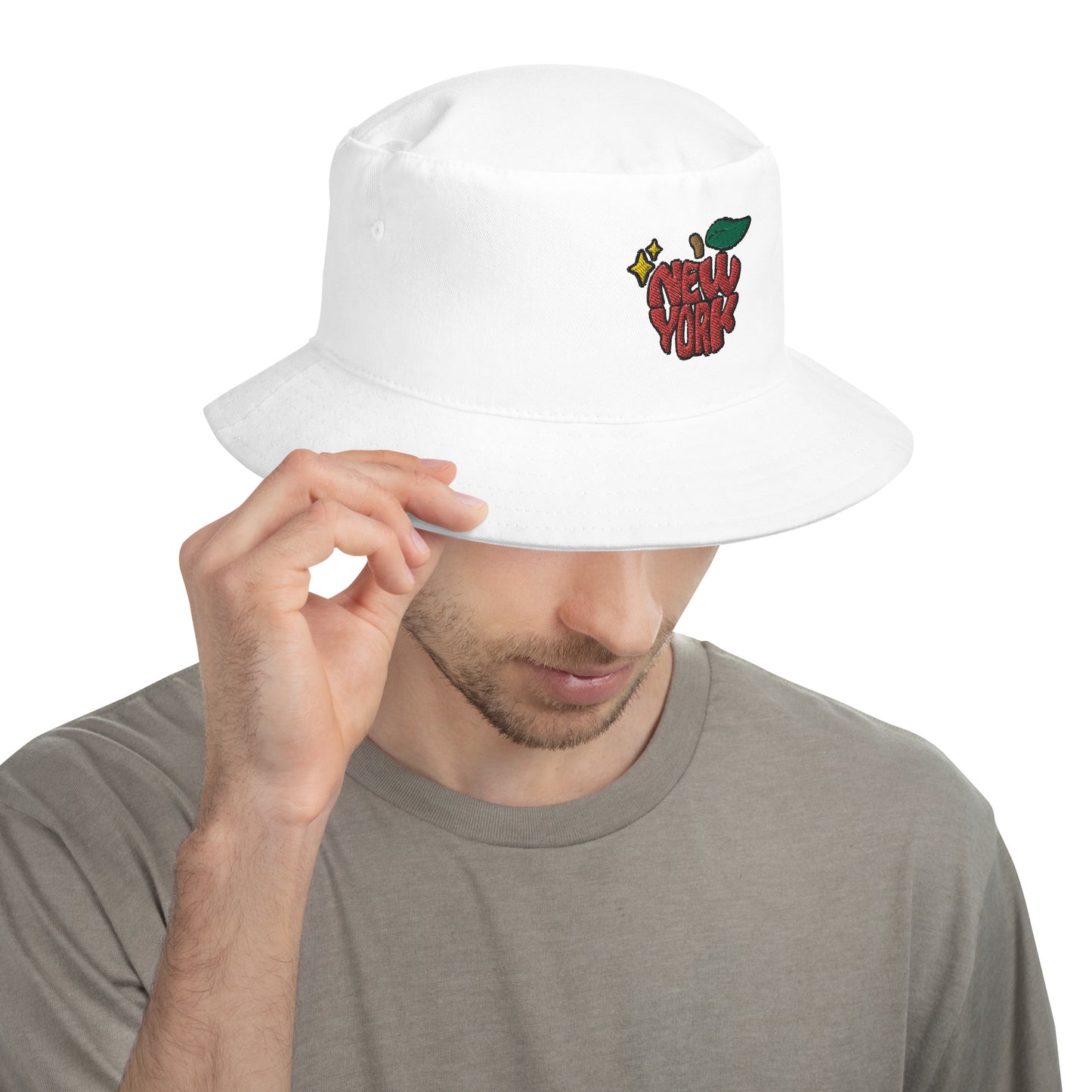 New York Apple Logo Embroidered White Bucket Hat Scattered Streetwear