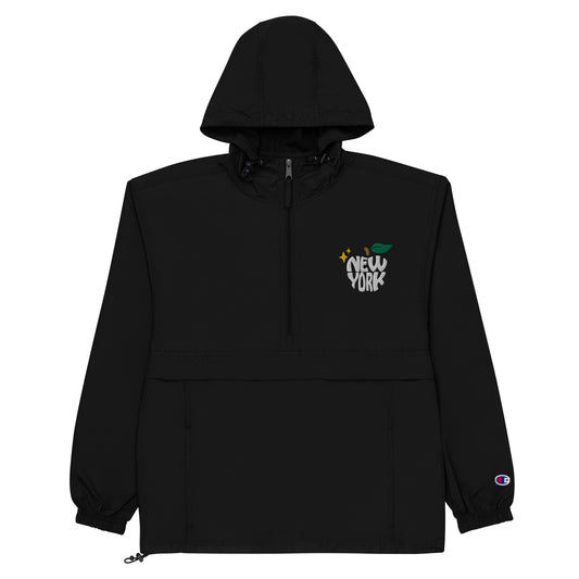 New York Apple Logo Embroidered Black Champion Packable Windbreaker Jacket Scattered Streetwear