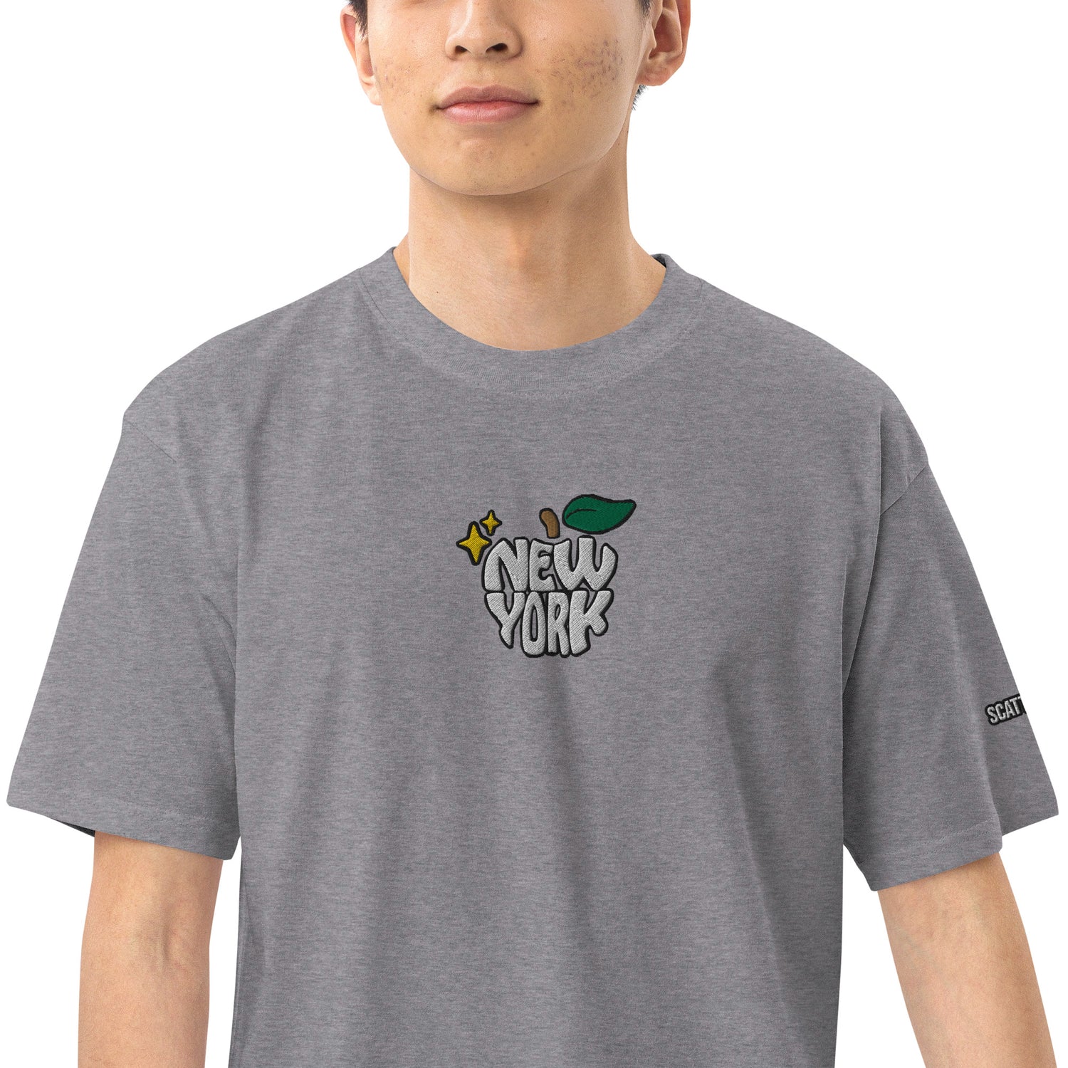 New York Apple Logo Embroidered Grey T-Shirt Scattered Streetwear