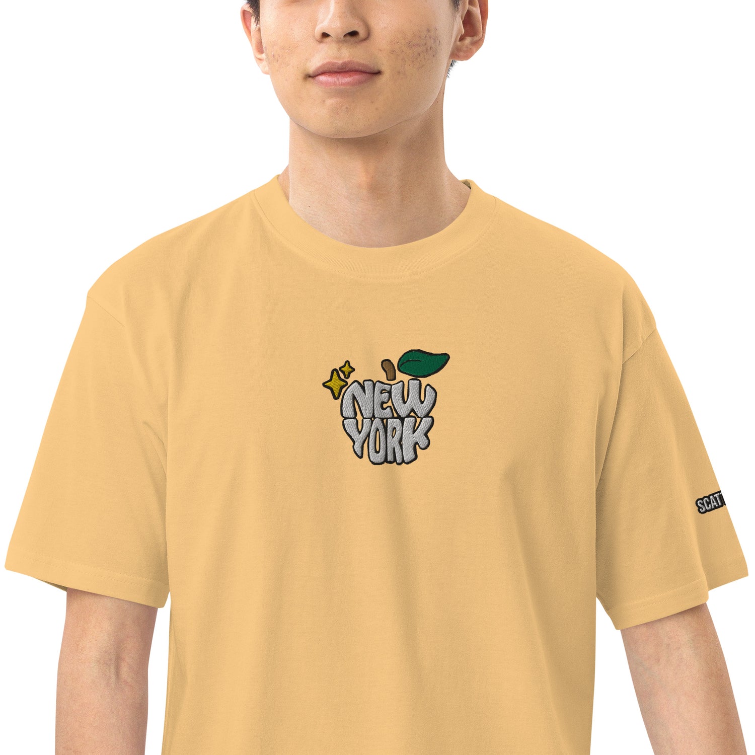 New York Apple Logo Embroidered Yellow T-Shirt Scattered Streetwear