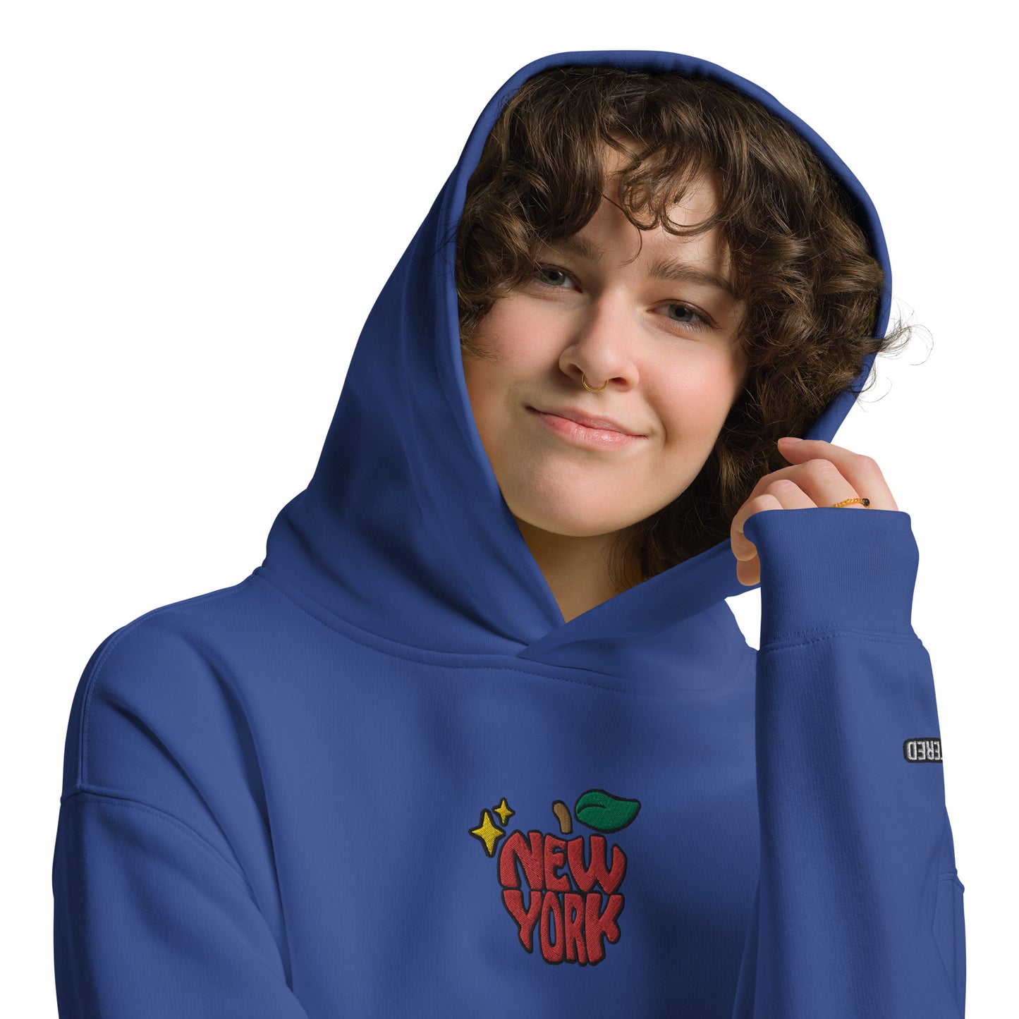 New York Apple Logo Embroidered Royal Blue Streetwear Hoodie Sweatshirt | Scattered
