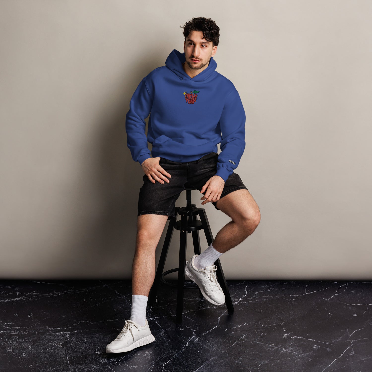 New York Apple Logo Embroidered Royal Blue Streetwear Hoodie Sweatshirt | Scattered