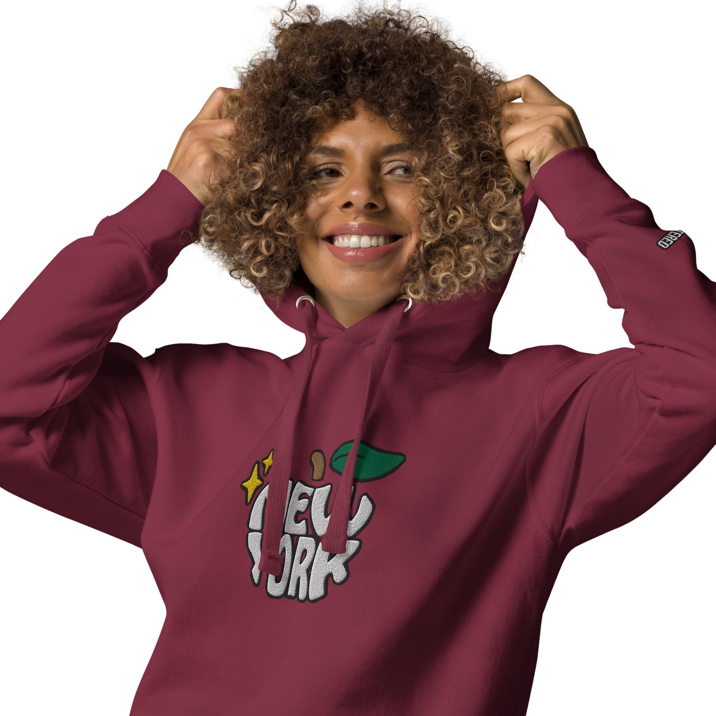 New York Apple Logo Embroidered Burgundy Streetwear Hoodie Sweatshirt | Scattered
