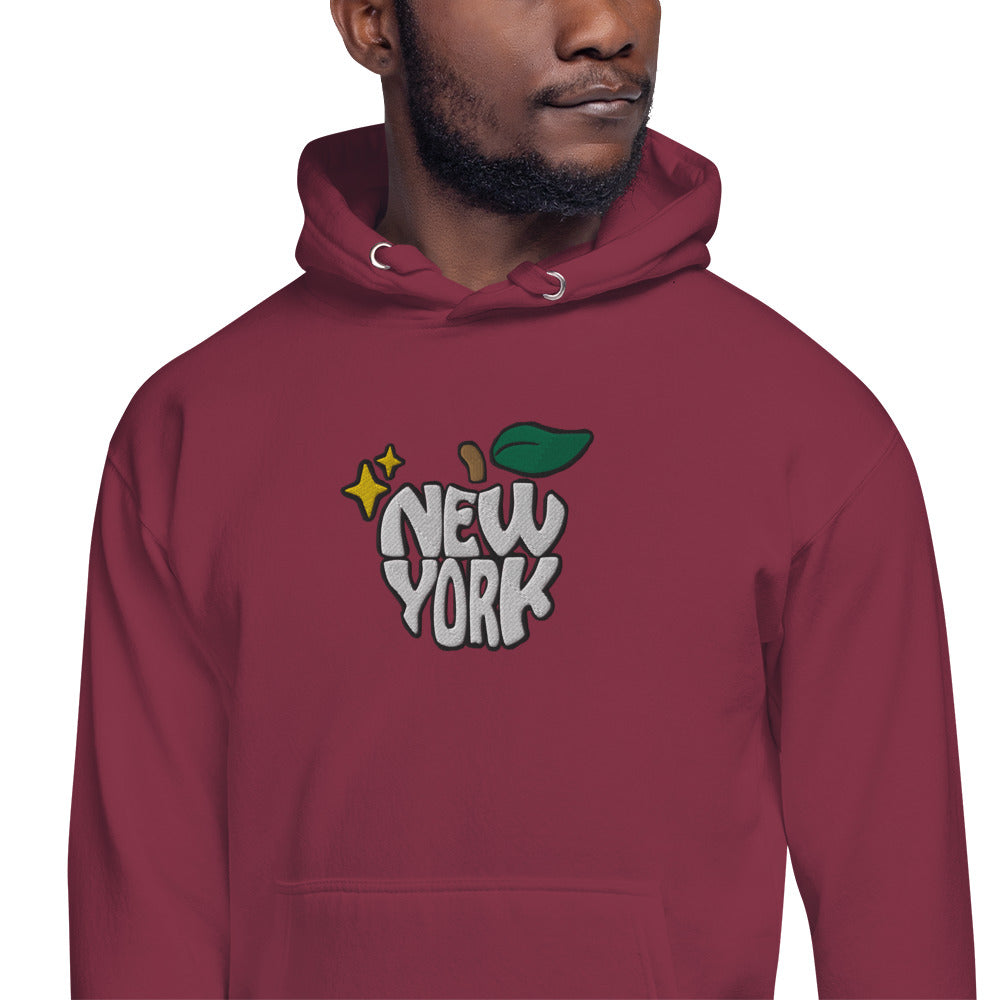 New York Apple Logo Embroidered Burgundy Streetwear Hoodie Sweatshirt | Scattered