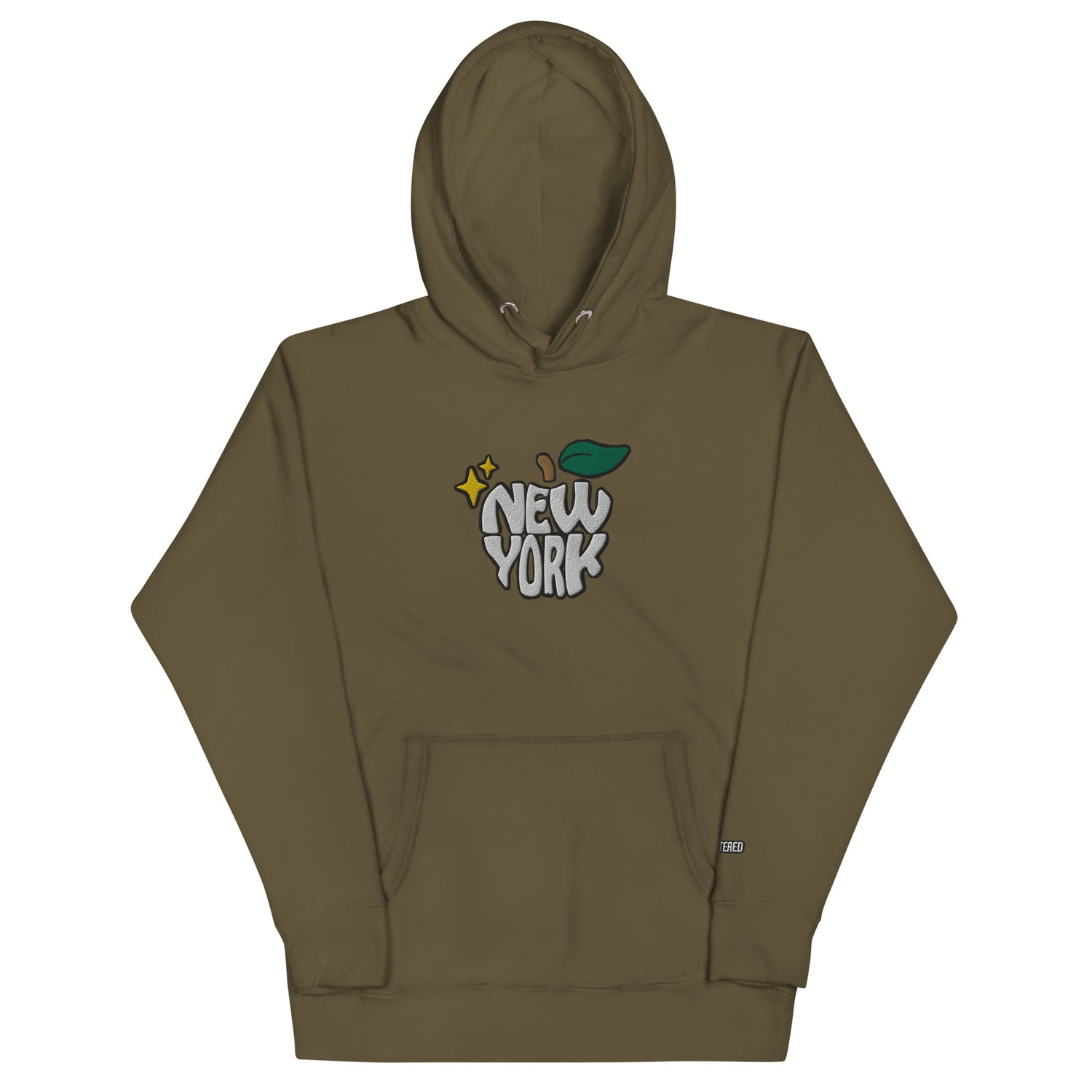 New York Apple Logo Embroidered Olive Green Streetwear Hoodie Sweatshirt | Scattered