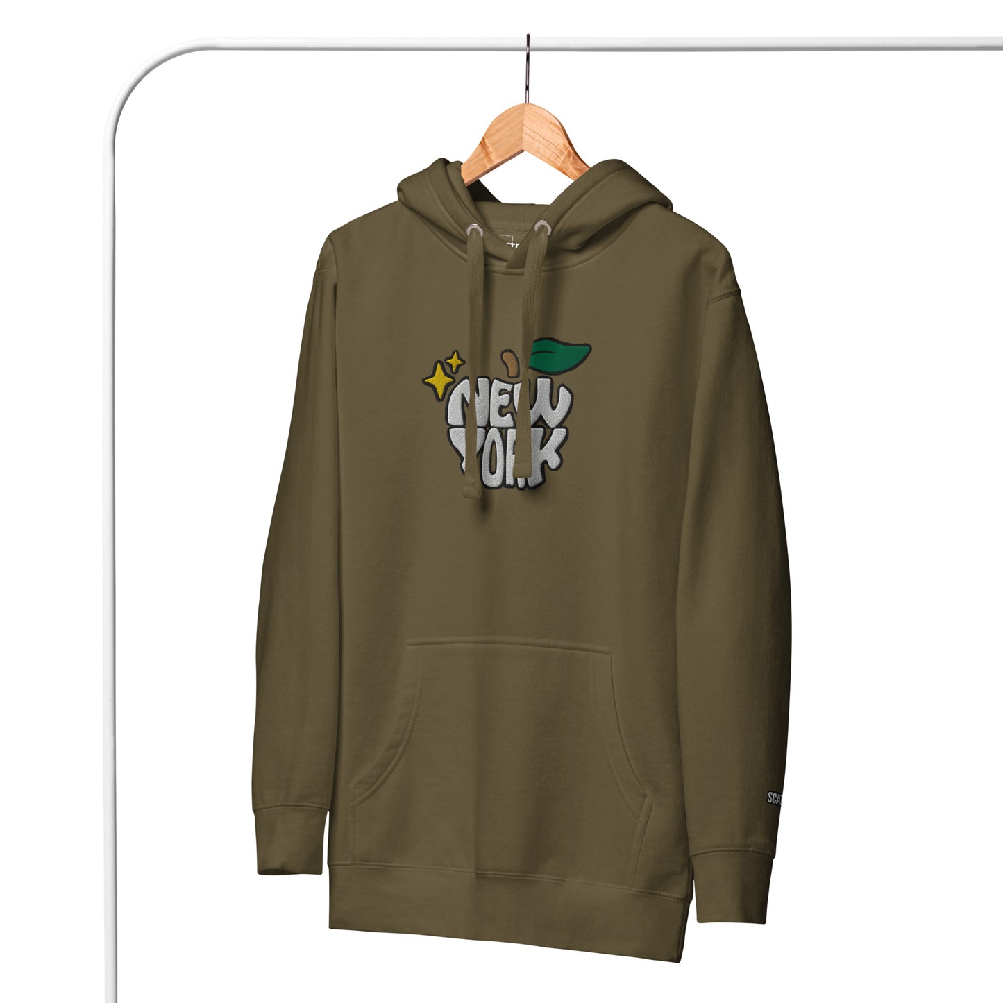 New York Apple Logo Embroidered Olive Green Streetwear Hoodie Sweatshirt | Scattered