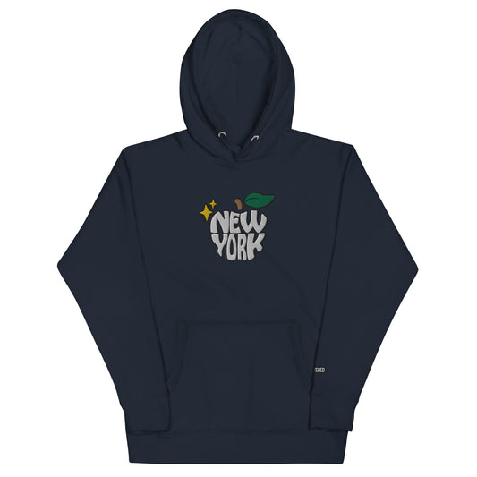 New York Apple Logo Embroidered Navy Blue Streetwear Hoodie Sweatshirt | Scattered