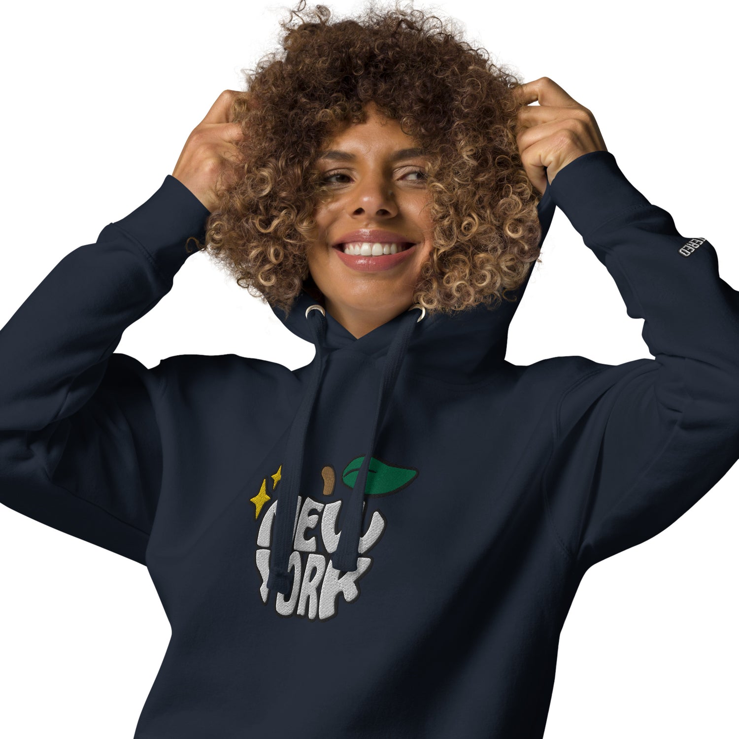 New York Apple Logo Embroidered Navy Blue Streetwear Hoodie Sweatshirt | Scattered