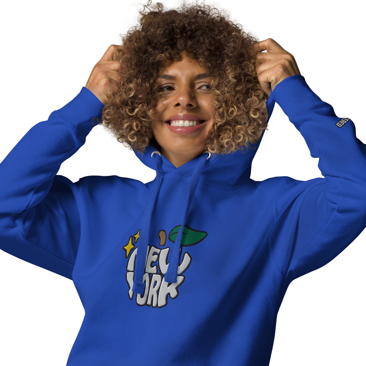New York Apple Logo Embroidered Royal Blue Streetwear Hoodie Sweatshirt | Scattered