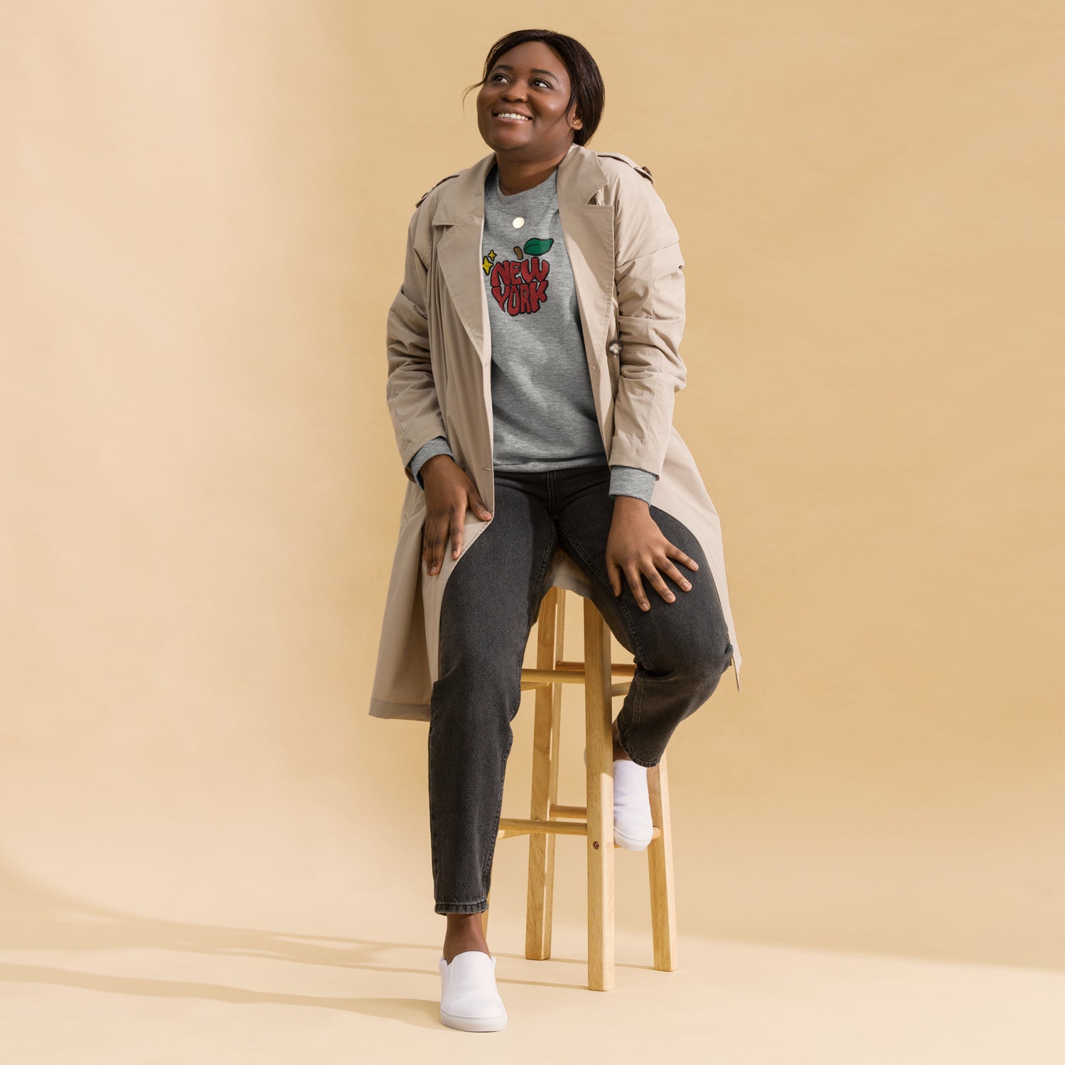 New York Apple Logo Embroidered Grey Crewneck Sweatshirt Scattered Streetwear