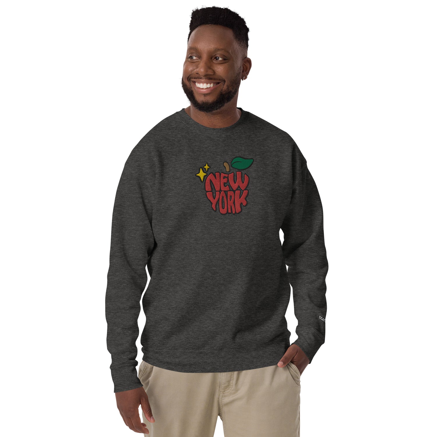 New York Apple Logo Embroidered Charcoal Grey Crewneck Sweatshirt Scattered Streetwear