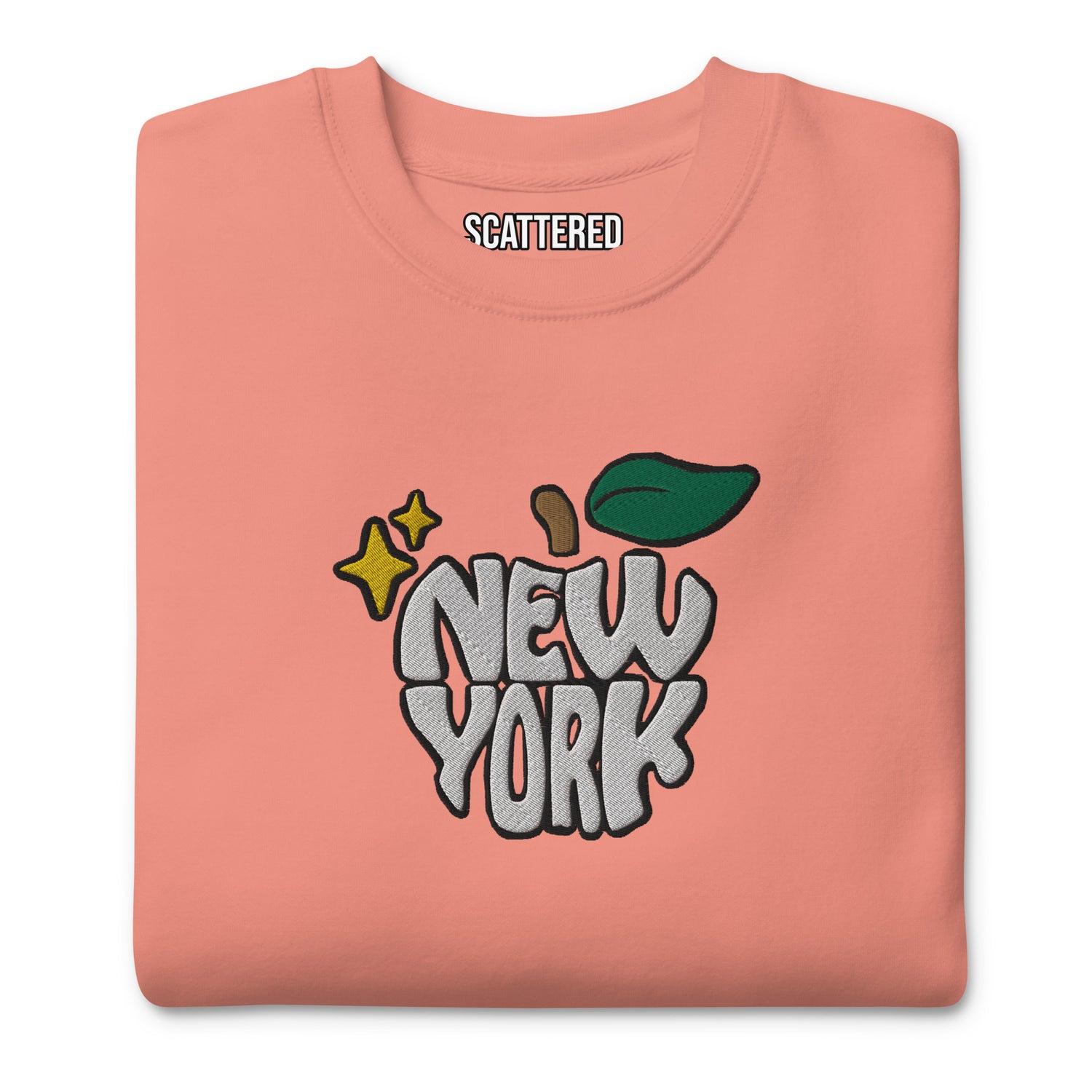 New York Apple Logo Embroidered Salmon Pink Crewneck Sweatshirt Scattered Streetwear