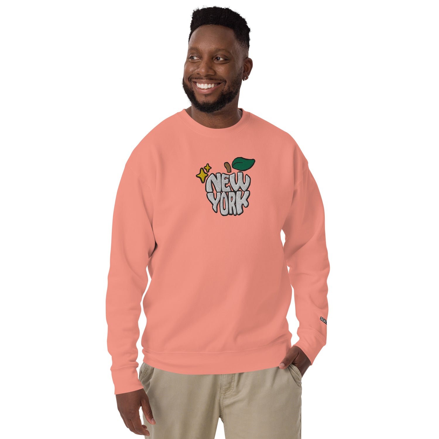 New York Apple Logo Embroidered Salmon Pink Crewneck Sweatshirt Scattered Streetwear