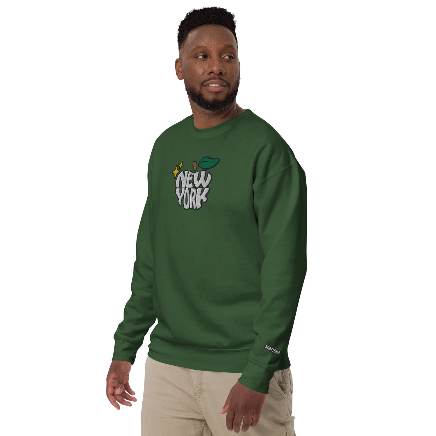 New York Apple Logo Embroidered Green Crewneck Sweatshirt Scattered Streetwear