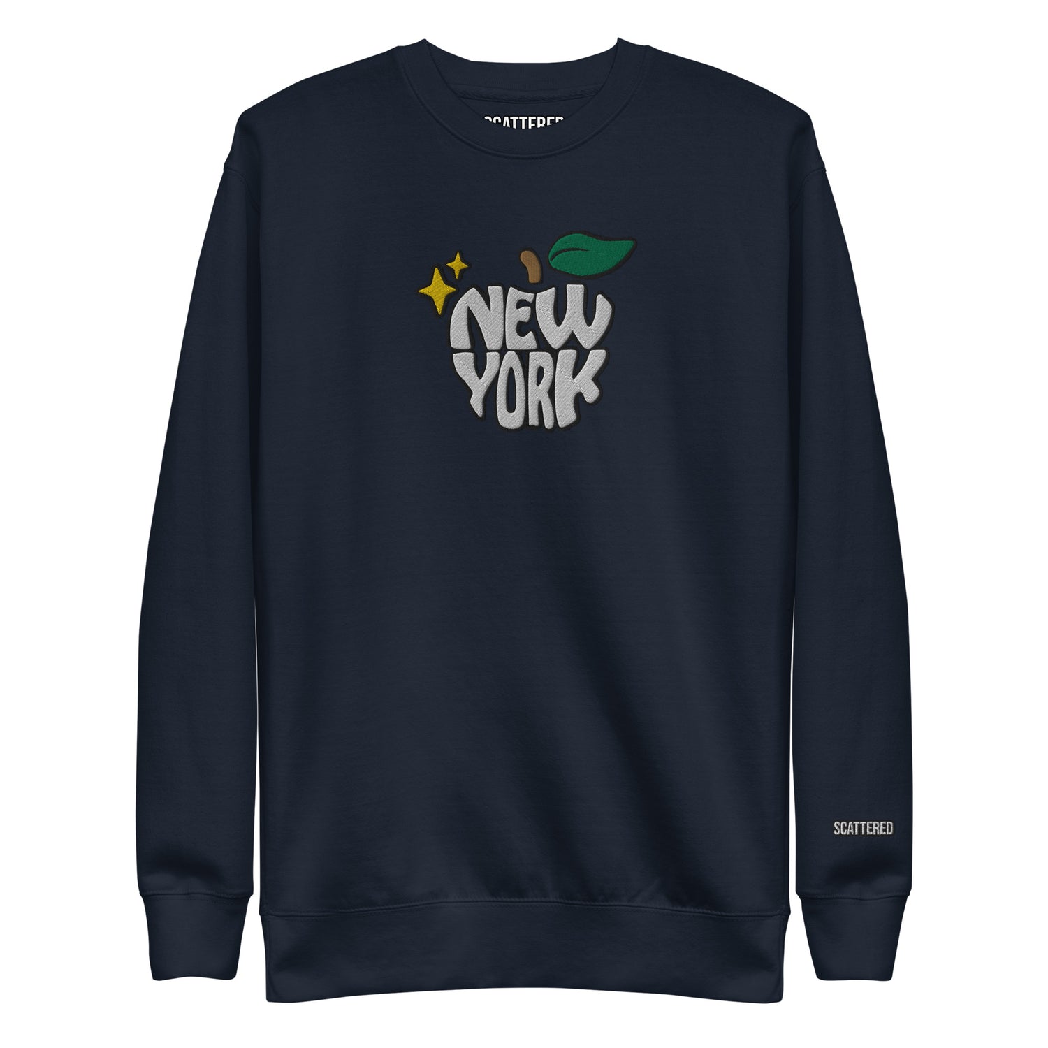 New York Apple Logo Embroidered Navy Blue Crewneck Sweatshirt Scattered Streetwear