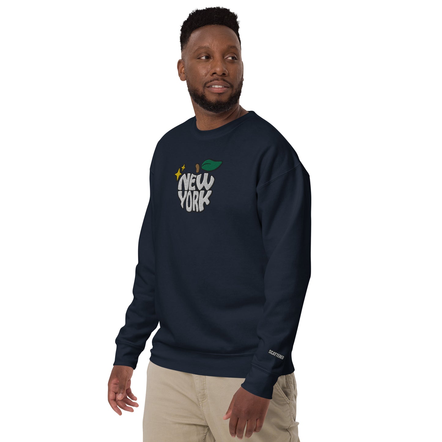 New York Apple Logo Embroidered Navy Blue Crewneck Sweatshirt Scattered Streetwear
