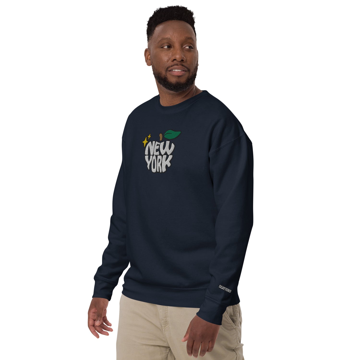 New York Apple Logo Embroidered Navy Blue Crewneck Sweatshirt Scattered Streetwear