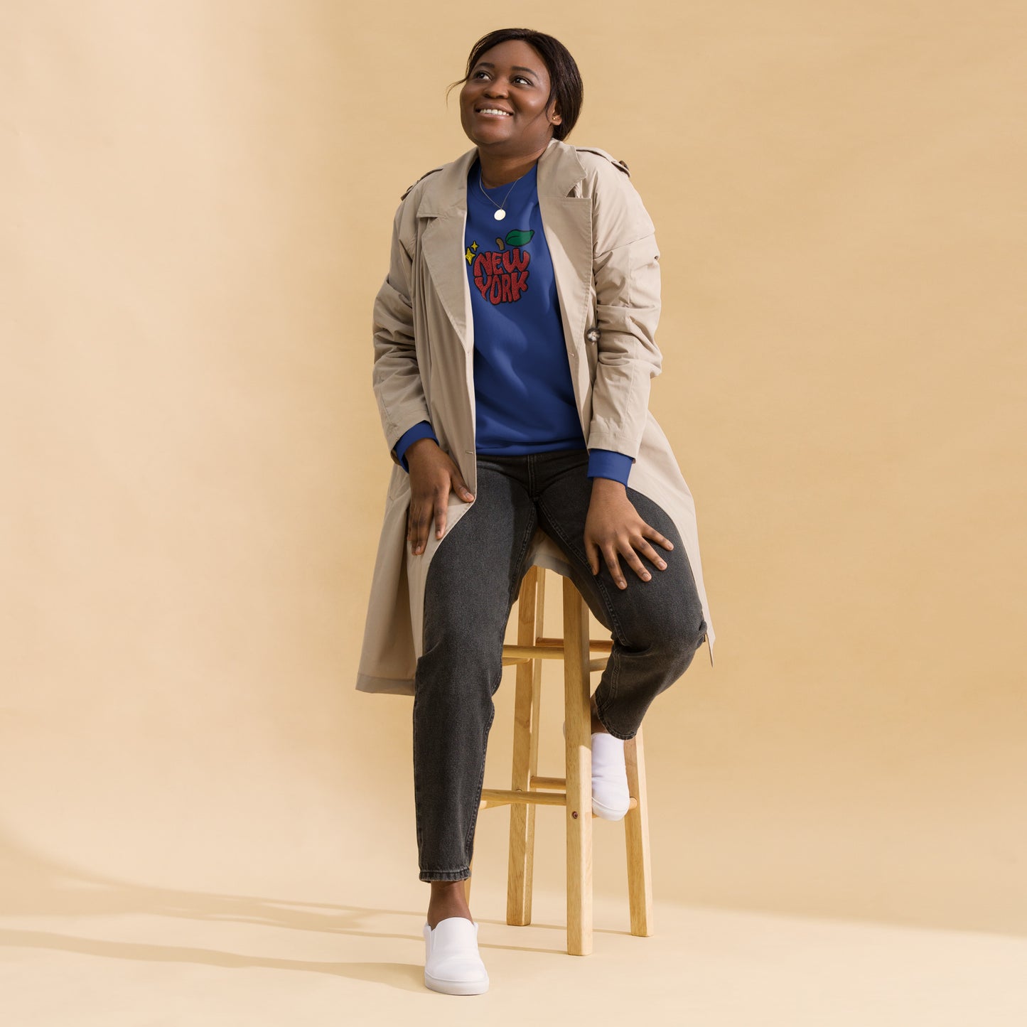 New York Apple Logo Embroidered Royal Blue Crewneck Sweatshirt Scattered Streetwear