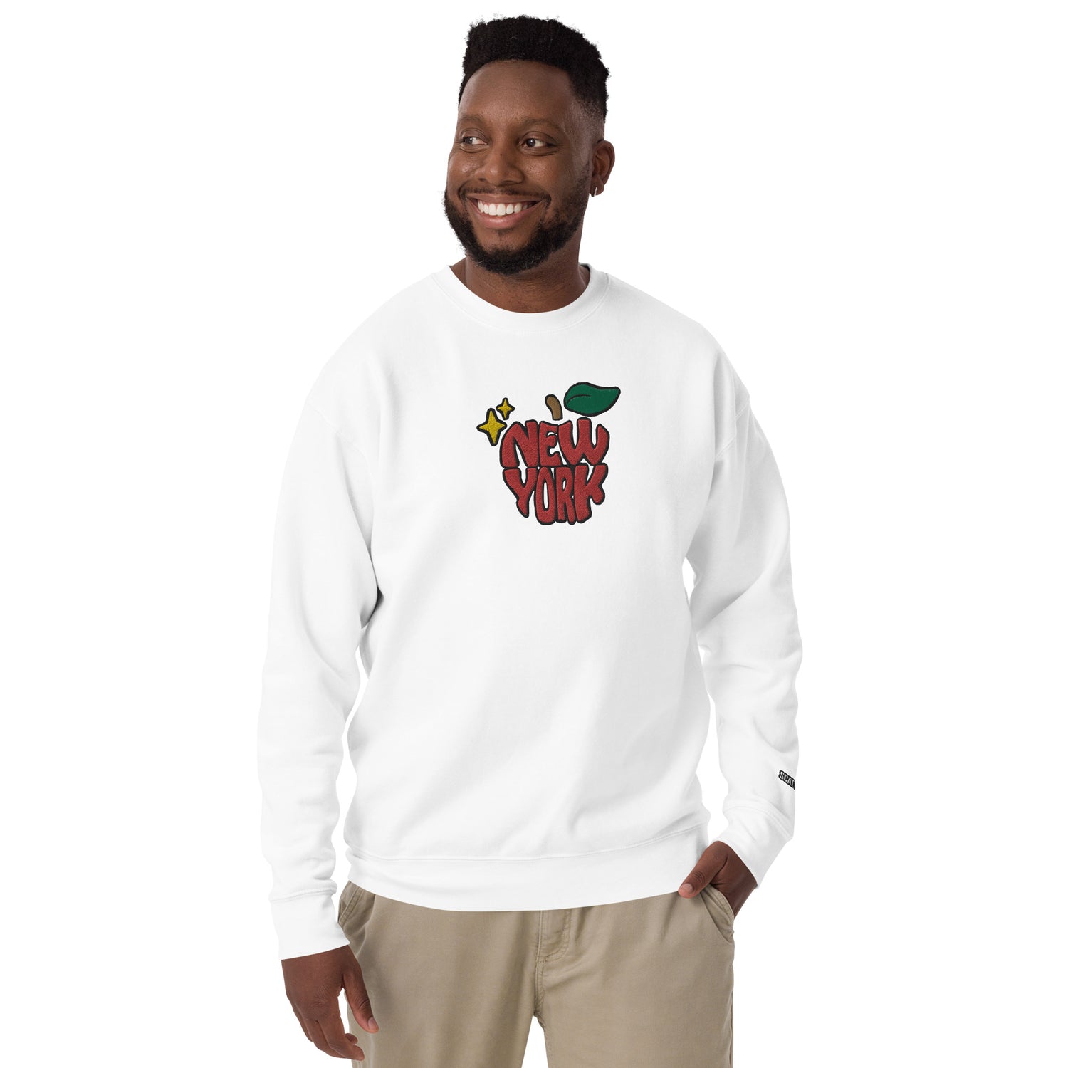 New York Apple Logo Embroidered White Crewneck Sweatshirt Scattered Streetwear