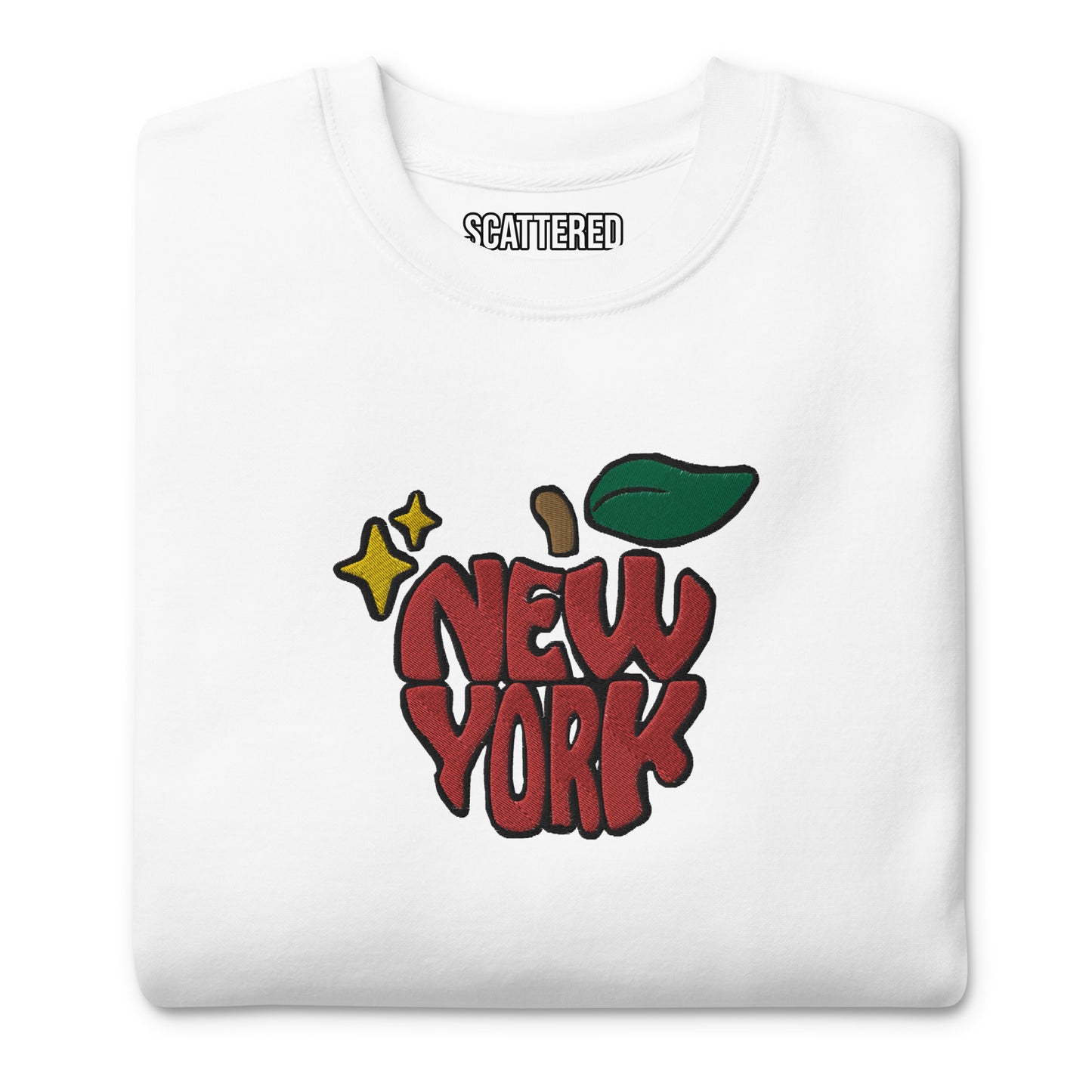 New York Apple Logo Embroidered White Crewneck Sweatshirt Scattered Streetwear