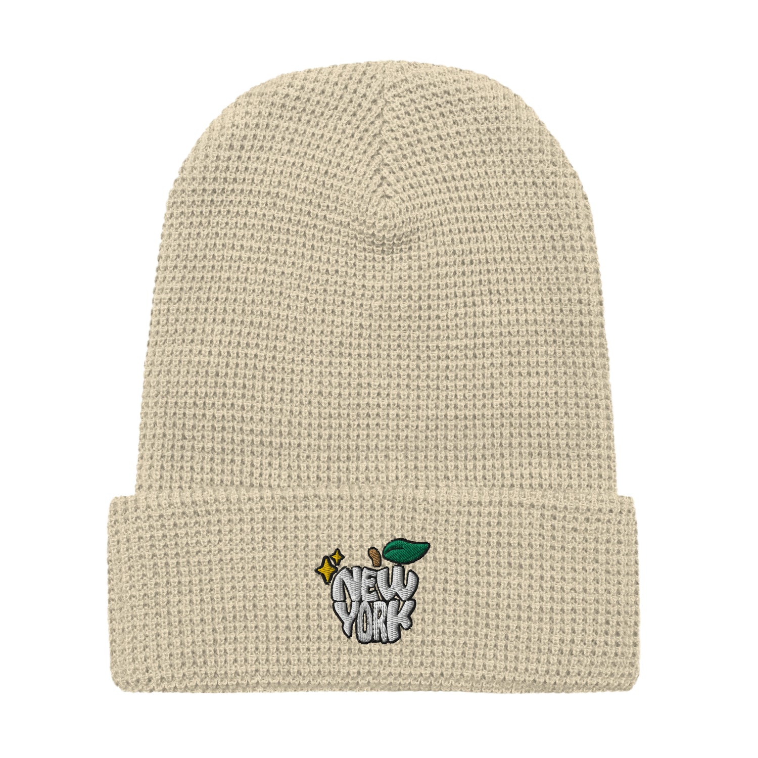 New York Apple Logo Embroidered Off White Cream Waffle Beanie Hat Scattered Streetwear