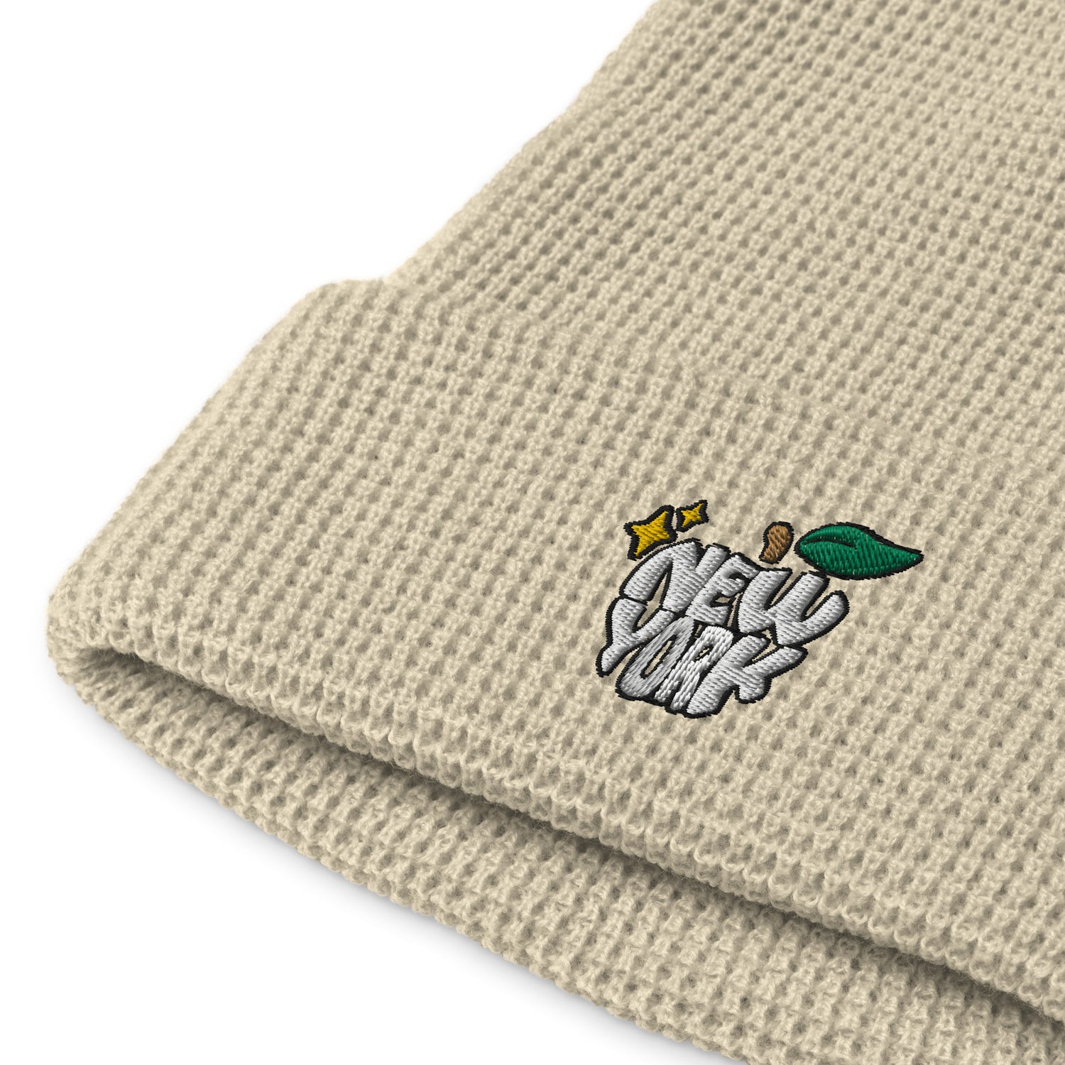 New York Apple Logo Embroidered Off White Cream Waffle Beanie Hat Scattered Streetwear