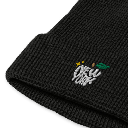 New York Apple Logo Embroidered Black Waffle Beanie Hat Scattered Streetwear