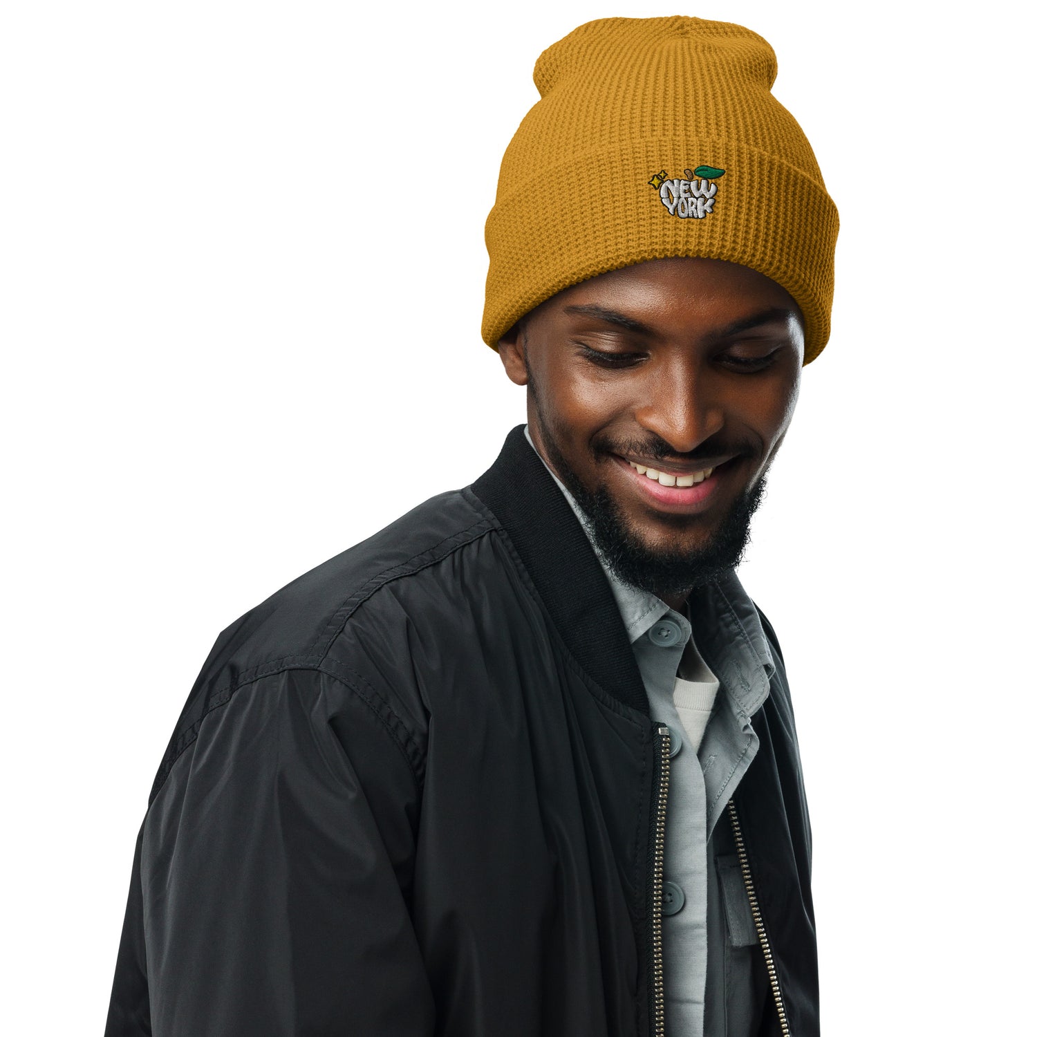 New York Apple Logo Embroidered Camel Yellow Waffle Beanie Hat Scattered Streetwear