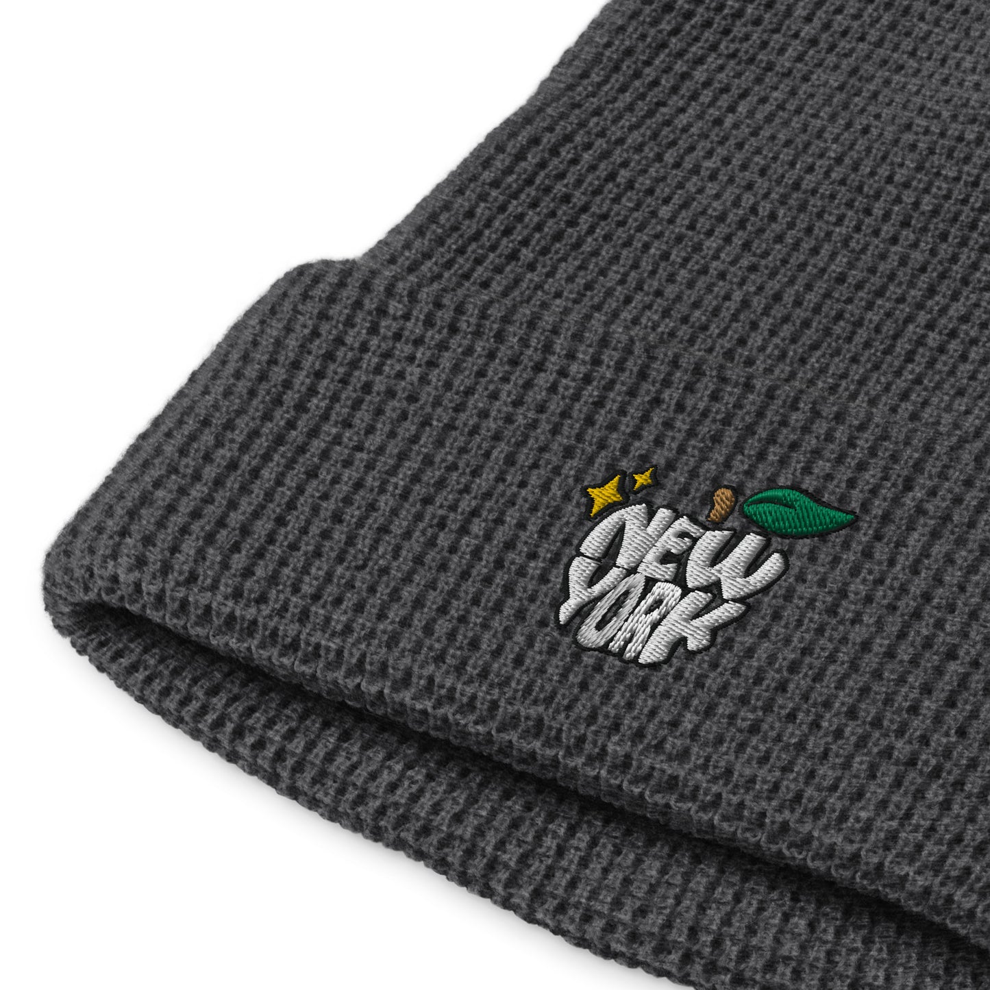 New York Apple Logo Embroidered Grey Waffle Beanie Hat Scattered Streetwear