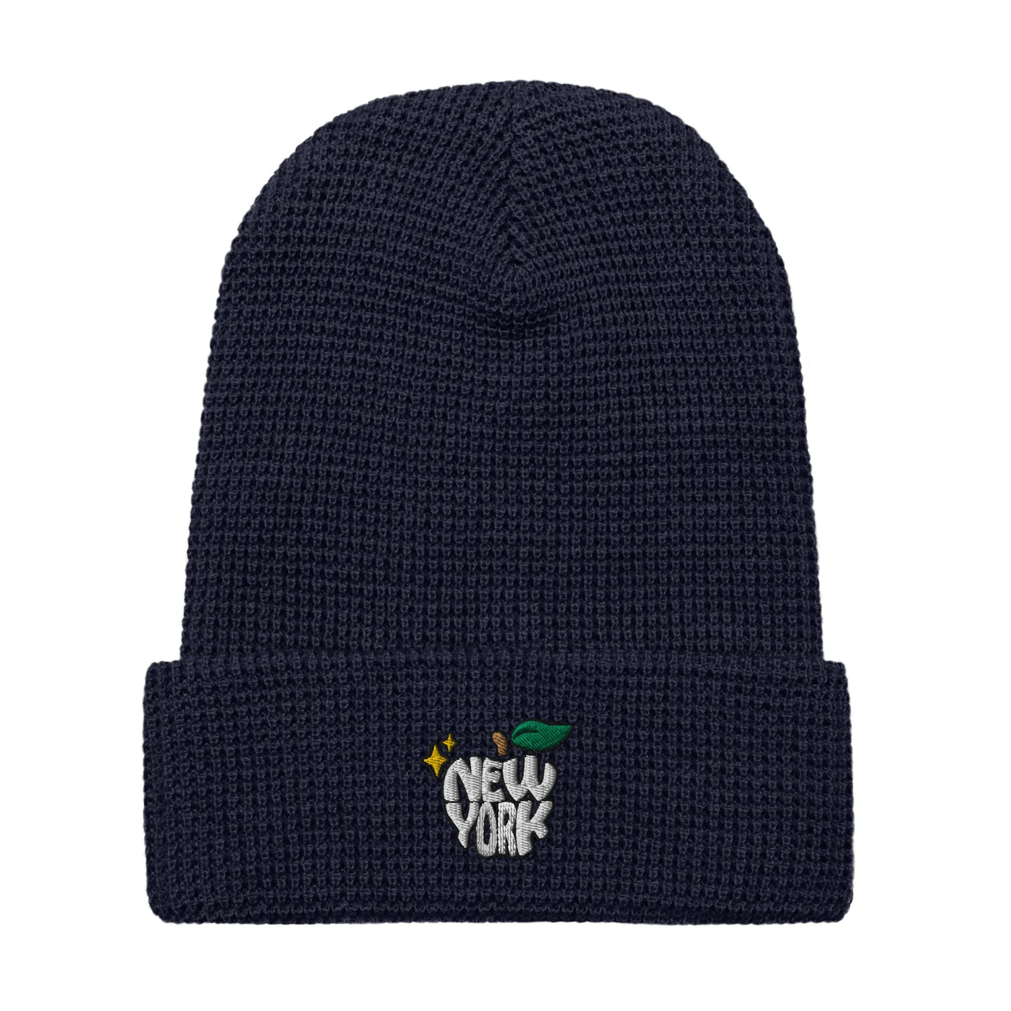 New York Apple Logo Embroidered Navy Blue Waffle Beanie Hat Scattered Streetwear