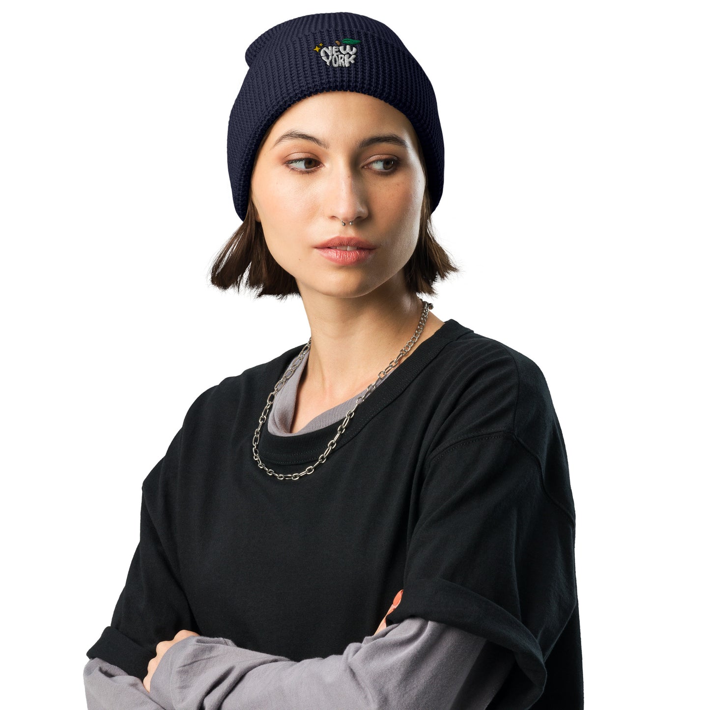New York Apple Logo Embroidered Navy Blue Waffle Beanie Hat Scattered Streetwear