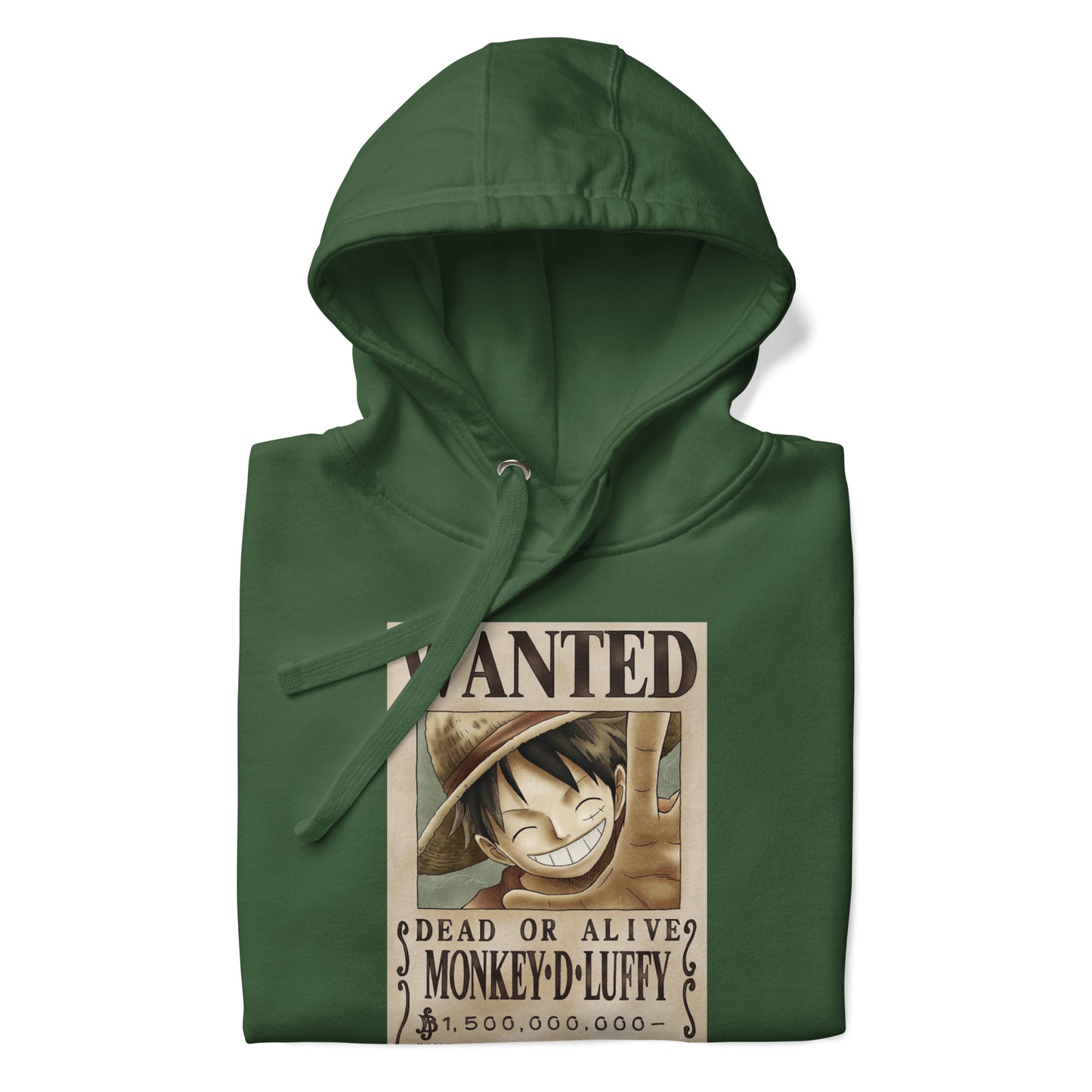 One Piece Monkey D. Luffy Straw Hat Pirates Wanted Poster Printed Premium Streetwear Hoodie Sweatshirt Forest Green