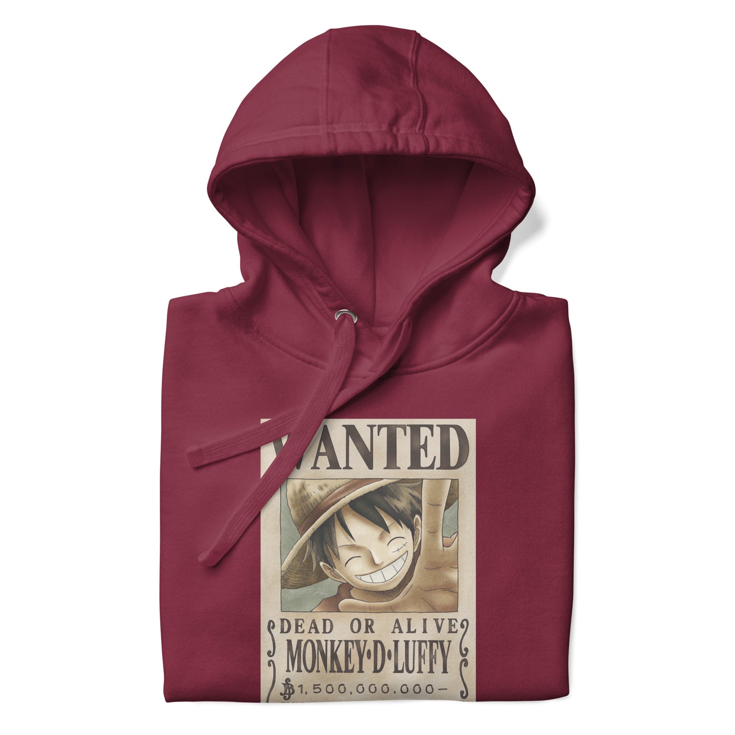 One Piece Monkey D. Luffy Straw Hat Pirates Wanted Poster Printed Premium Streetwear Hoodie Sweatshirt Burgundy Red
