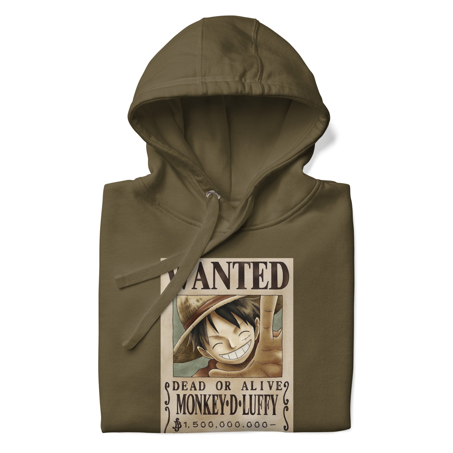 One Piece Monkey D. Luffy Straw Hat Pirates Wanted Poster Printed Premium Streetwear Hoodie Sweatshirt Olive Green