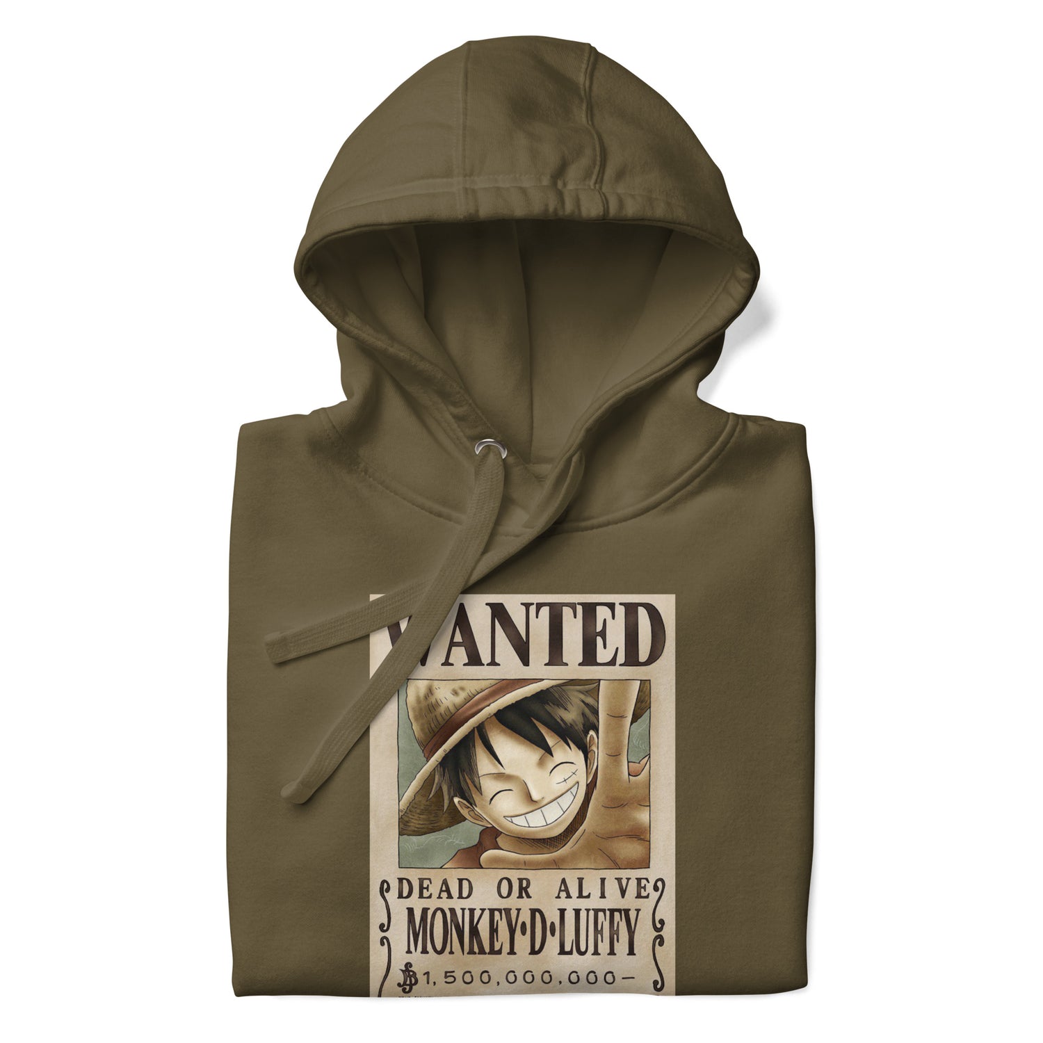 One Piece Monkey D. Luffy Straw Hat Pirates Wanted Poster Printed Premium Streetwear Hoodie Sweatshirt Olive Green