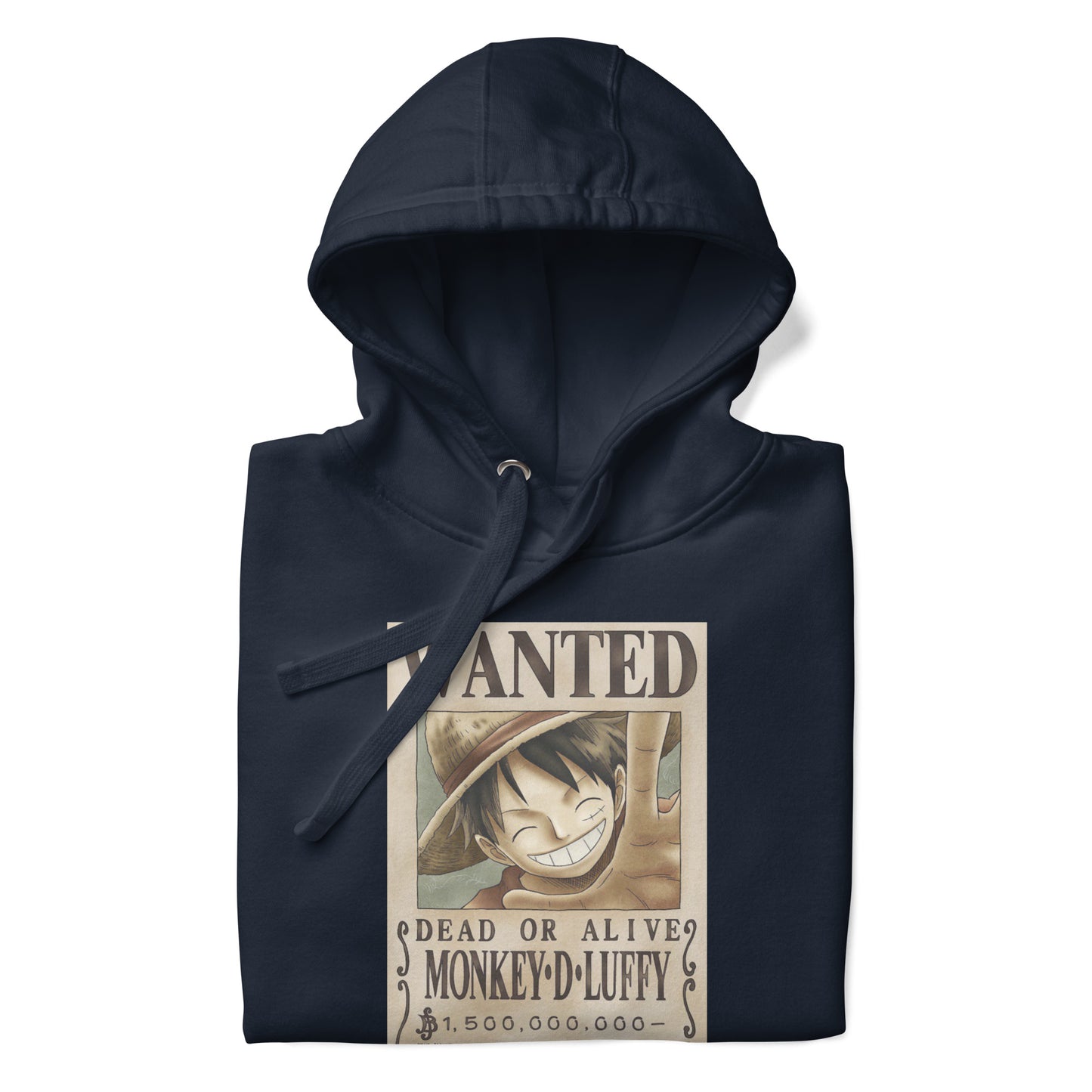 One Piece Monkey D. Luffy Straw Hat Pirates Wanted Poster Printed Premium Streetwear Hoodie Sweatshirt Navy Blue