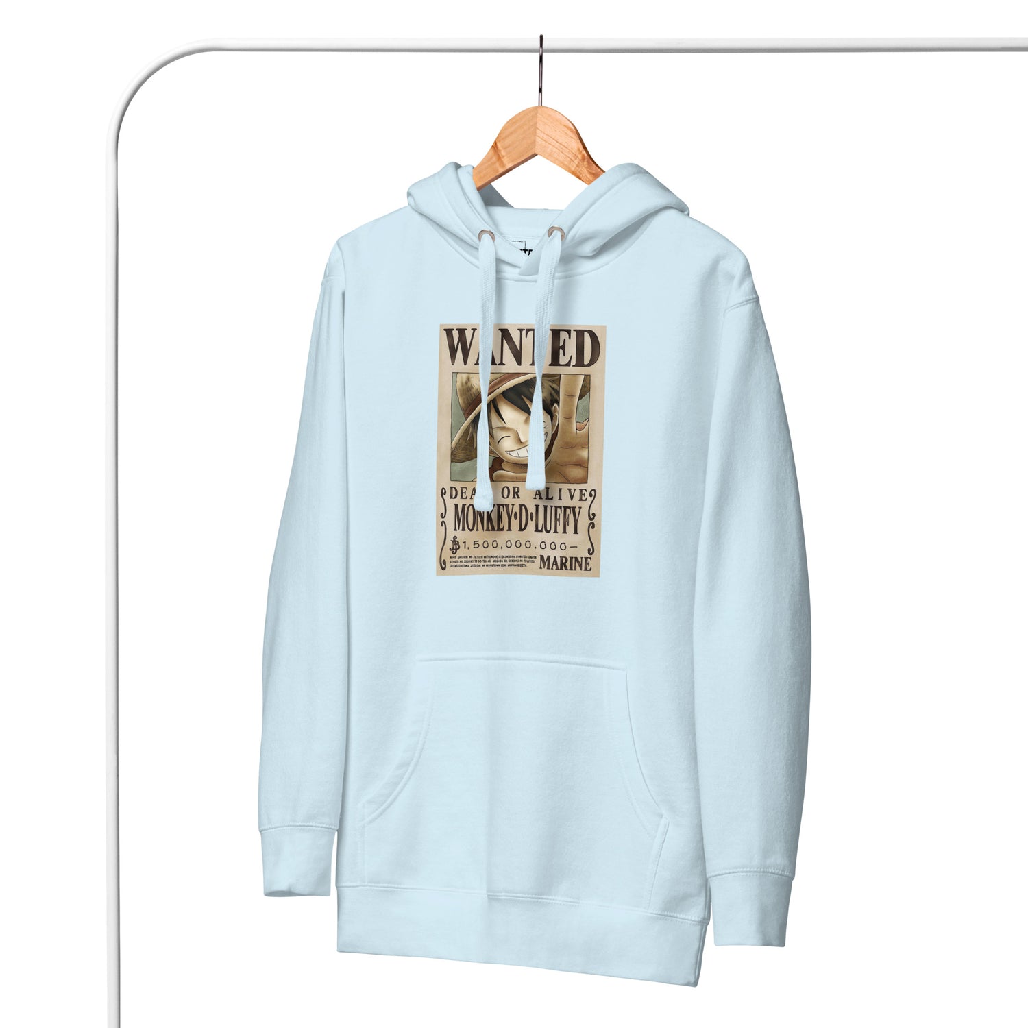 One Piece Monkey D. Luffy Straw Hat Pirates Wanted Poster Printed Premium Streetwear Hoodie Sweatshirt Ice Blue